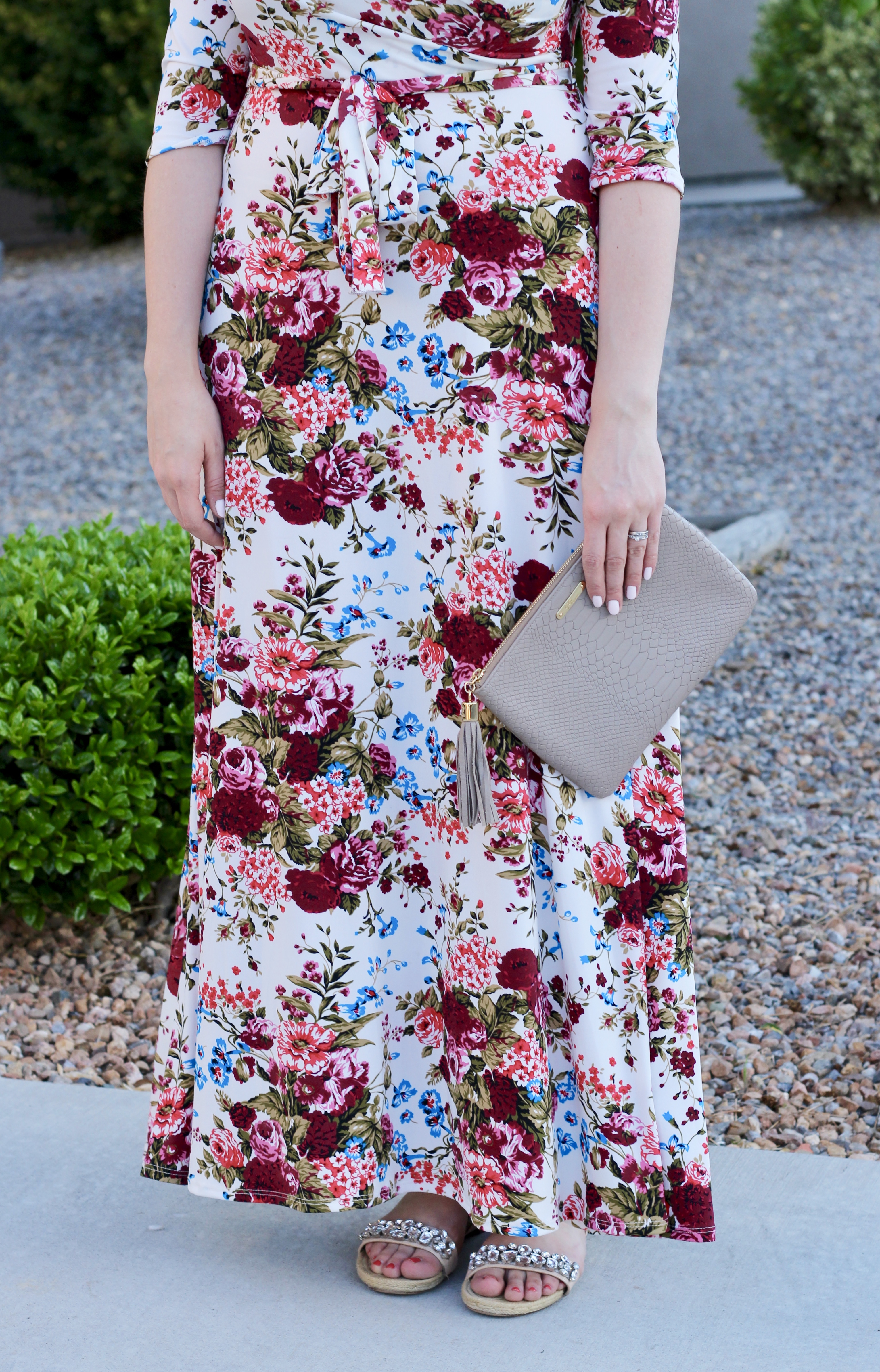 how to wear a floral wrap maxi dress