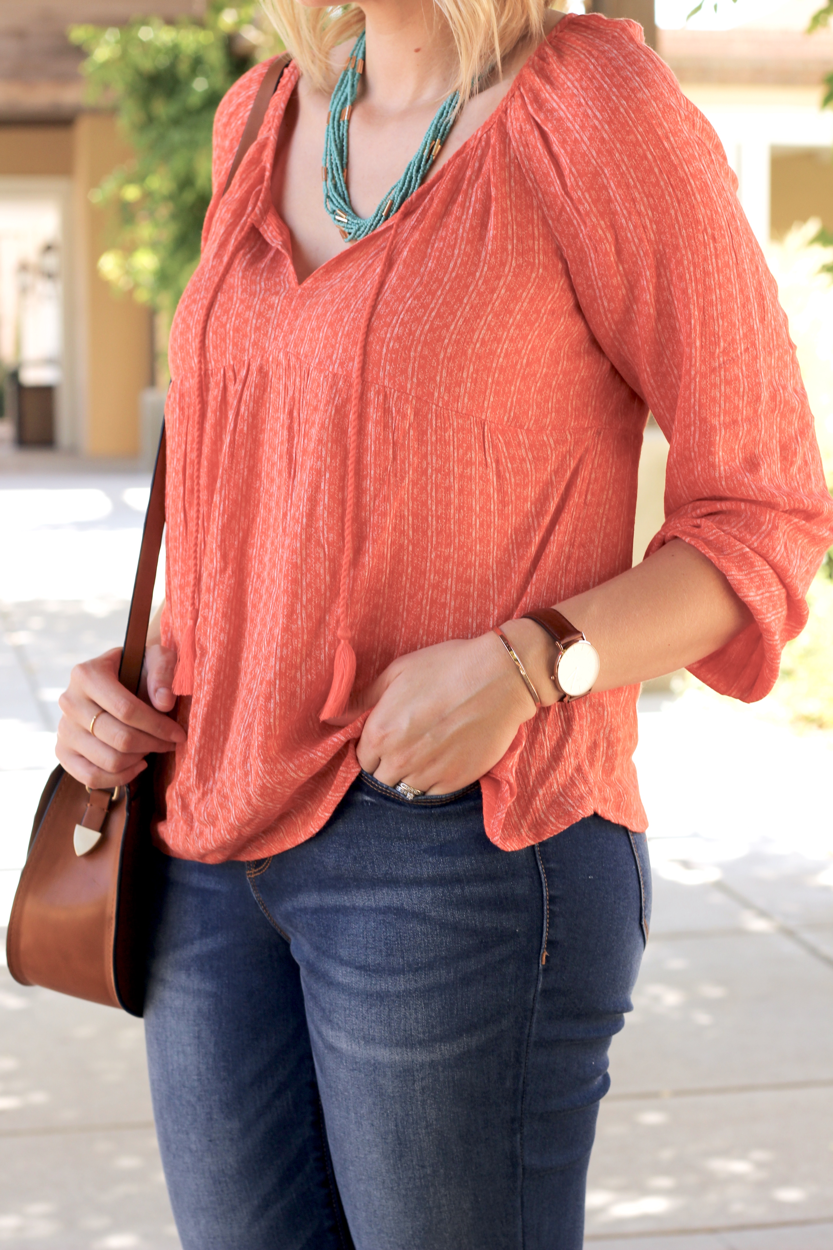 orange tassel top old navy southwest style #southweststyle #turquoisenecklace