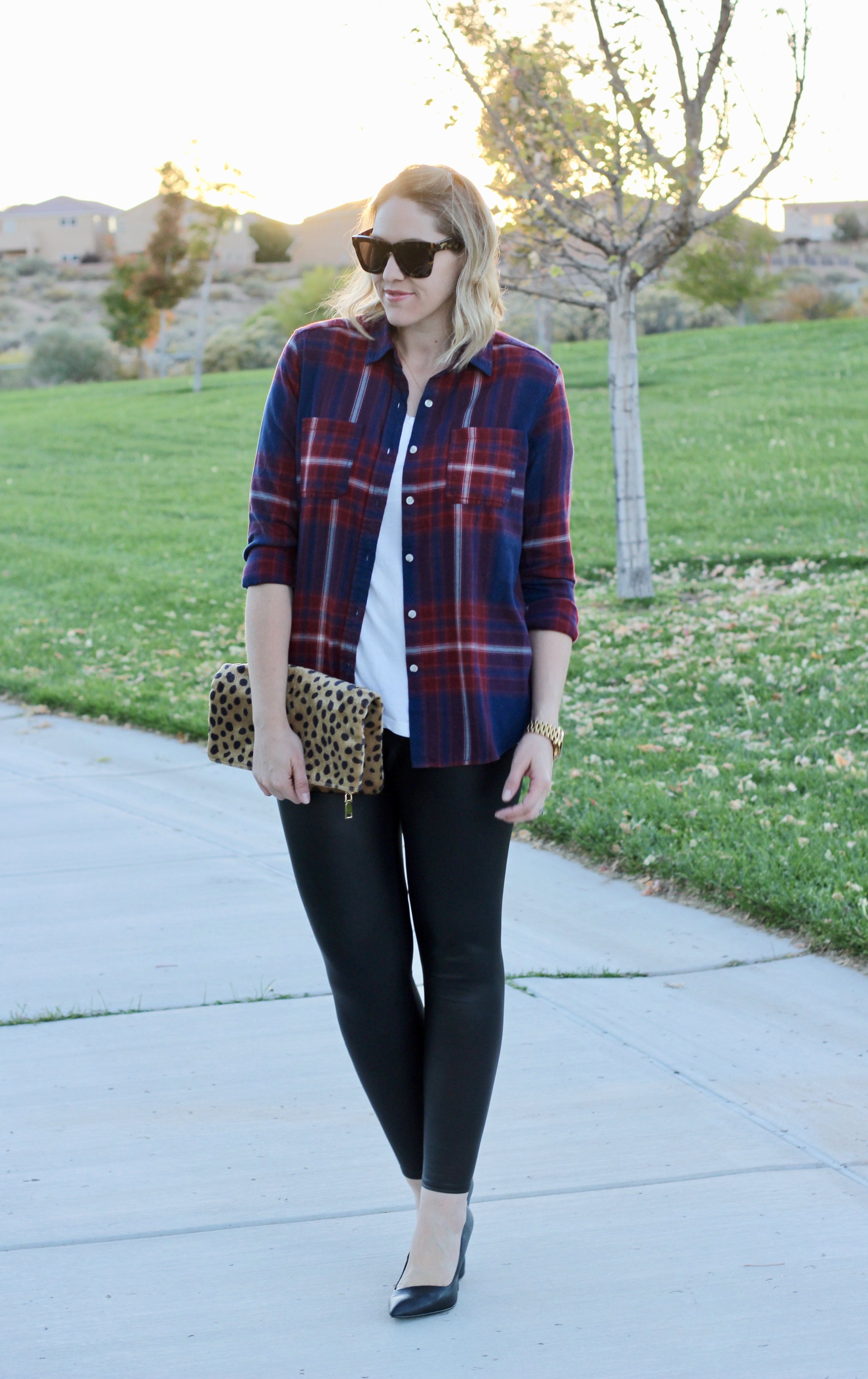 plaid and faux leather leggings