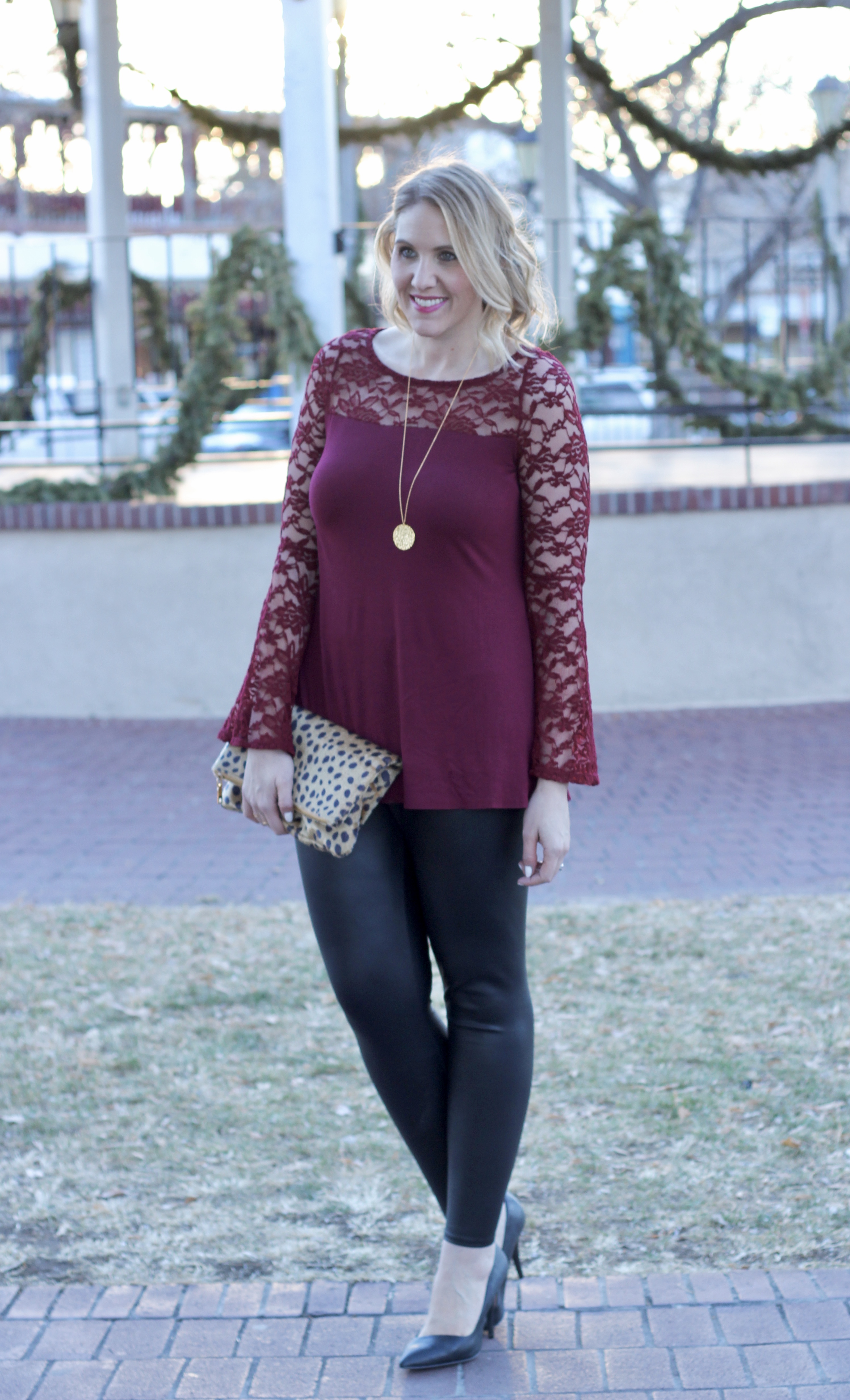 feminine holiday outfit lace bell sleeve top