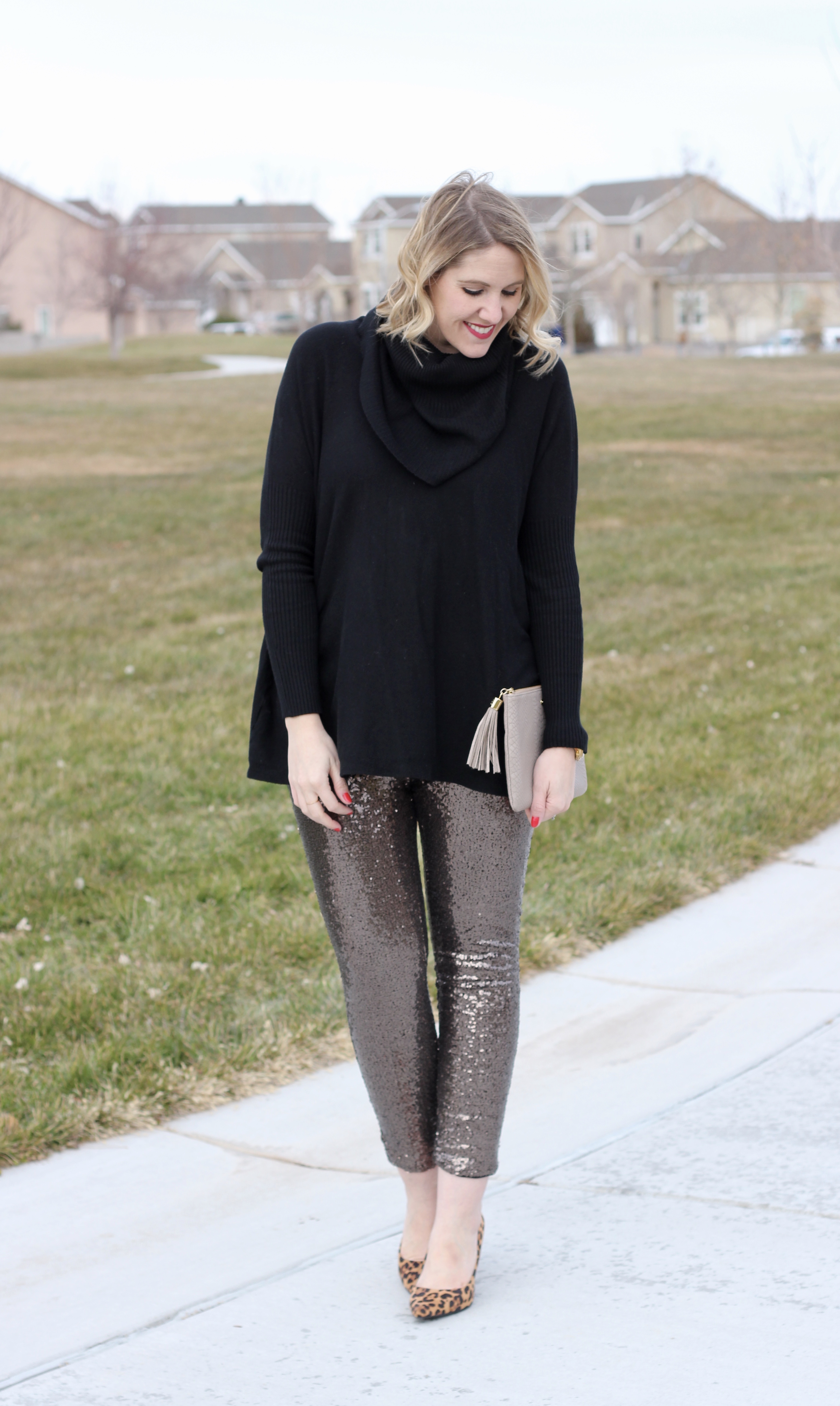 cute holiday outfit with sequin pants