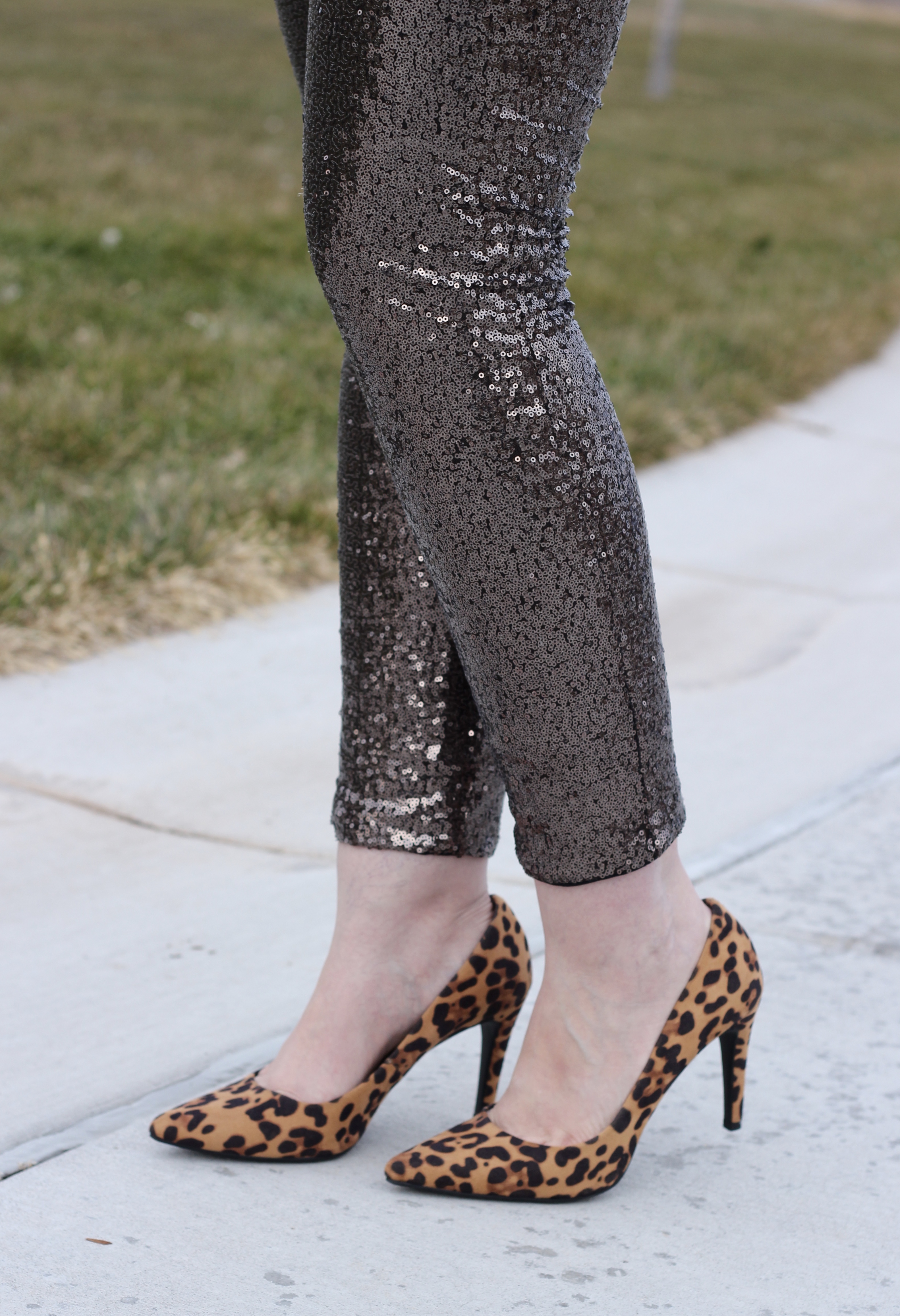 sequin pants leopard heels