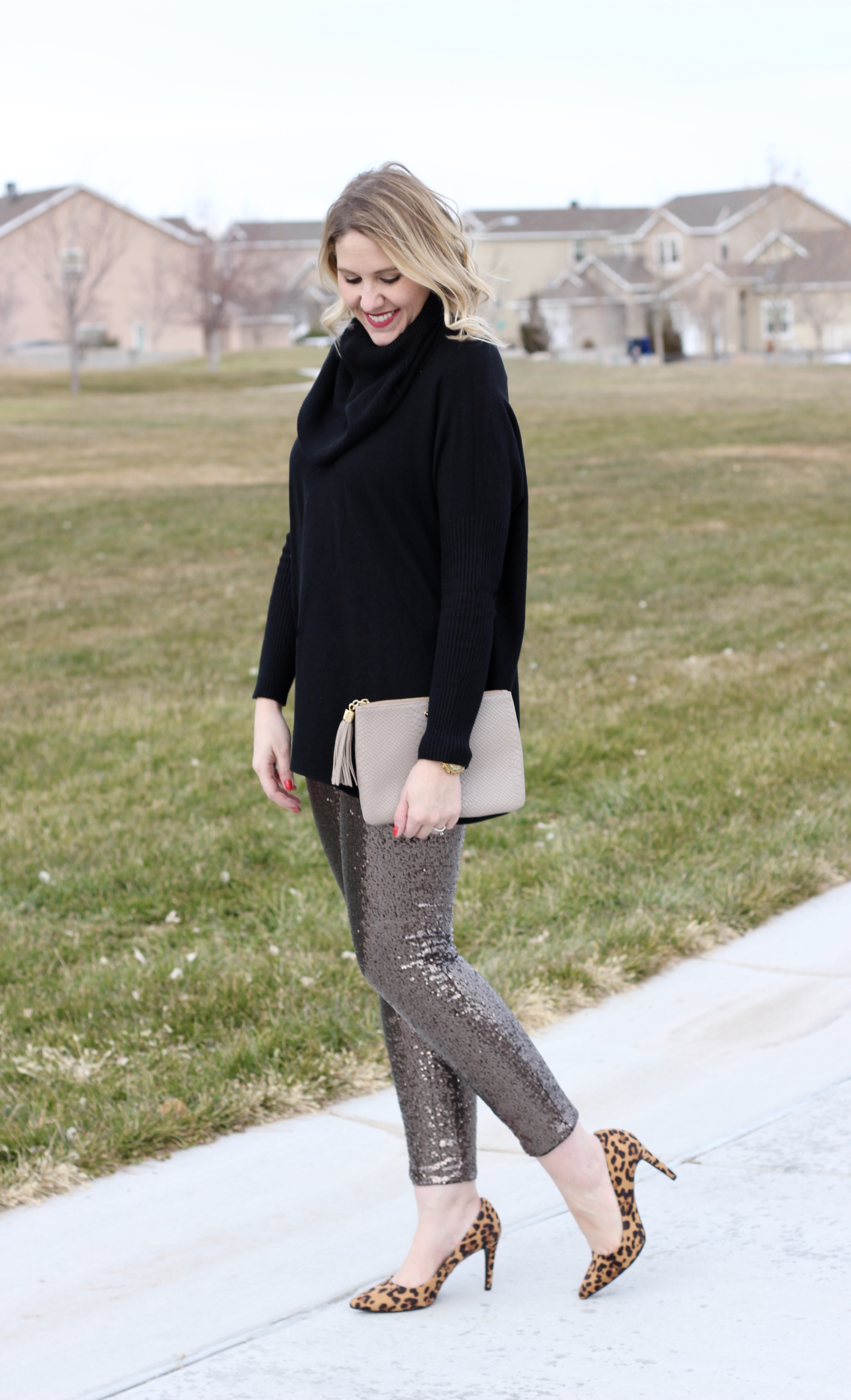 How to Style Gold Sequin Joggers for the Holidays - Running in Heels