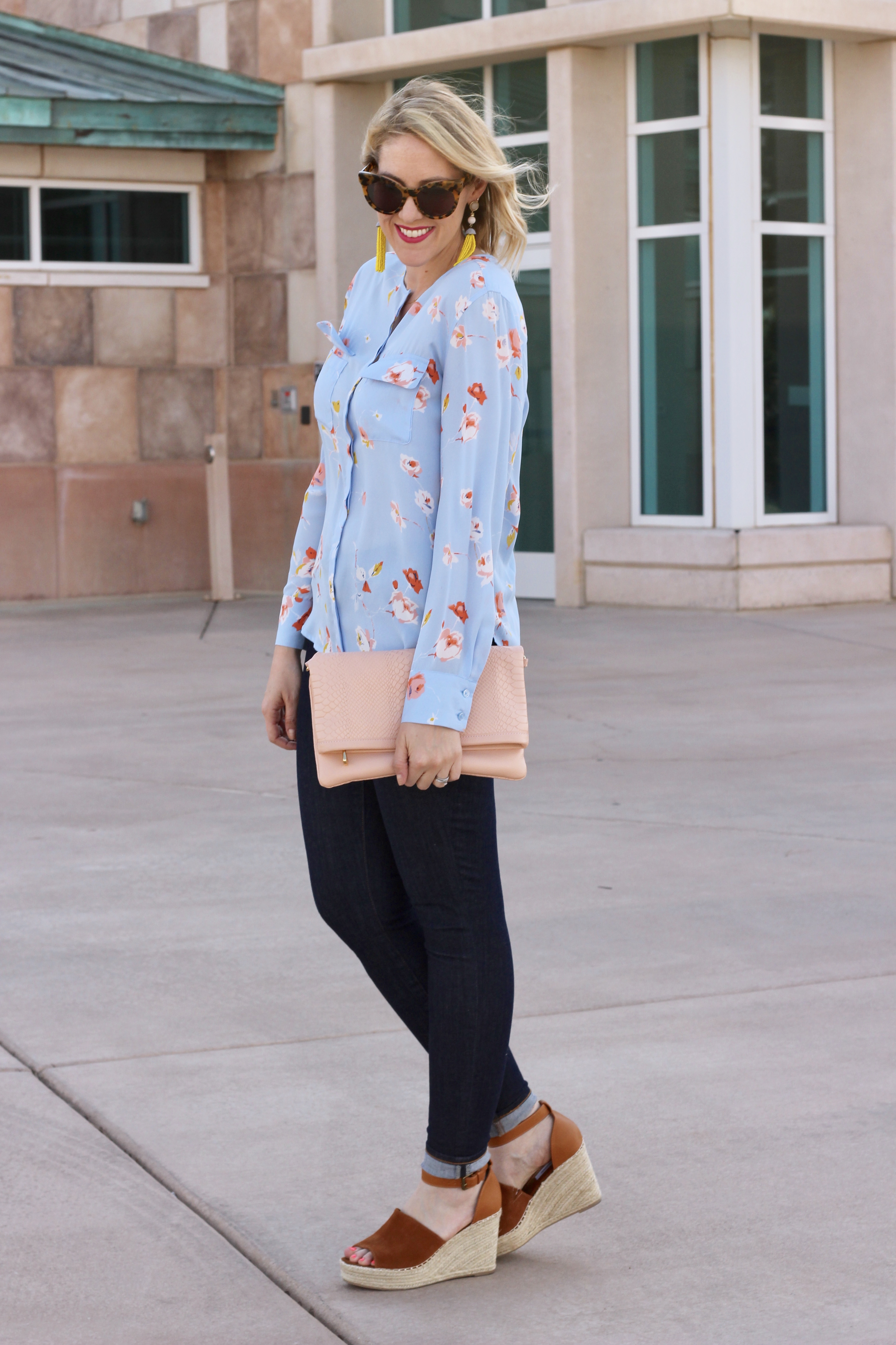 Who What Wear floral top and Steve Madden Jaylen Wedges