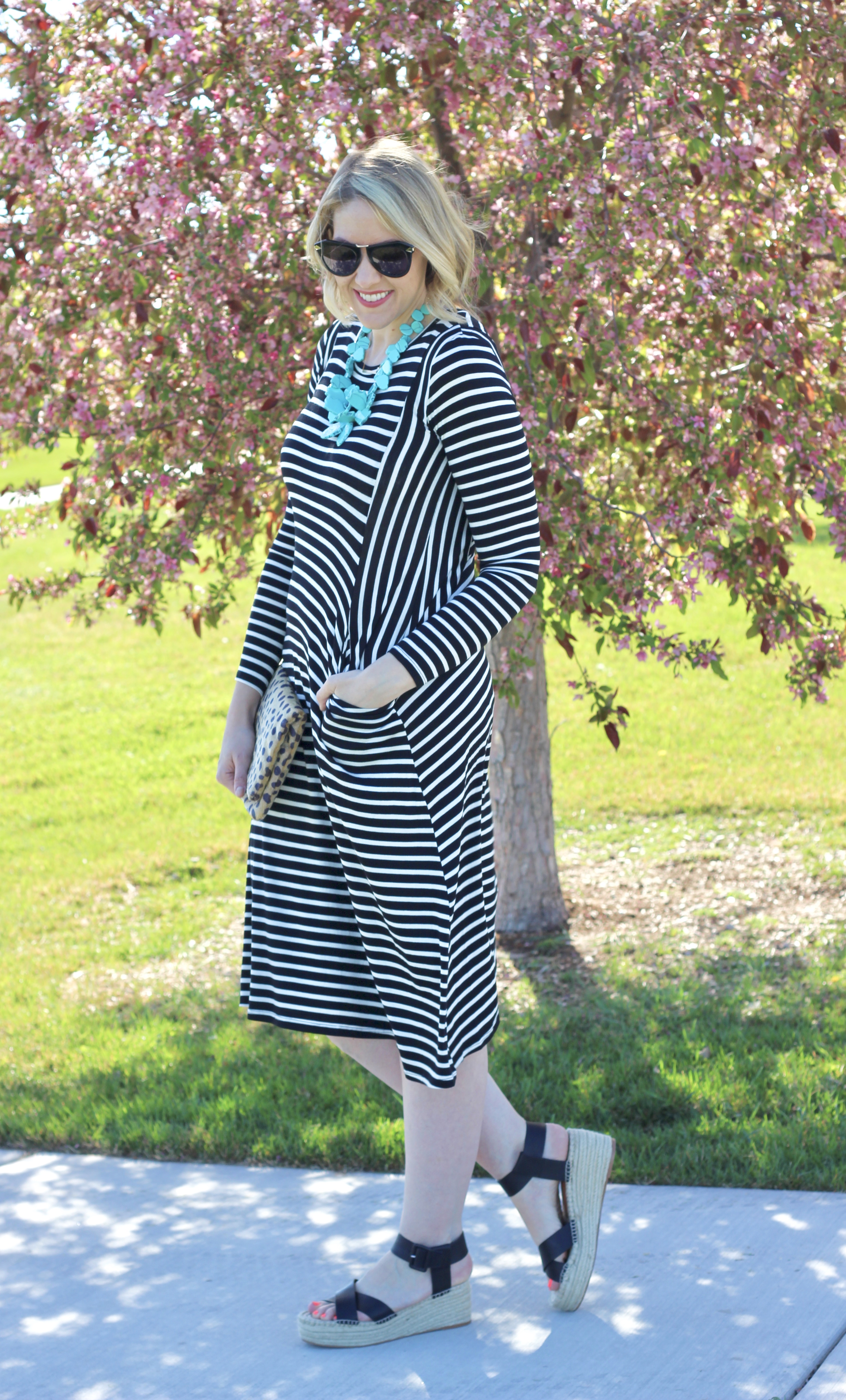 the cutest black and white striped midi dress