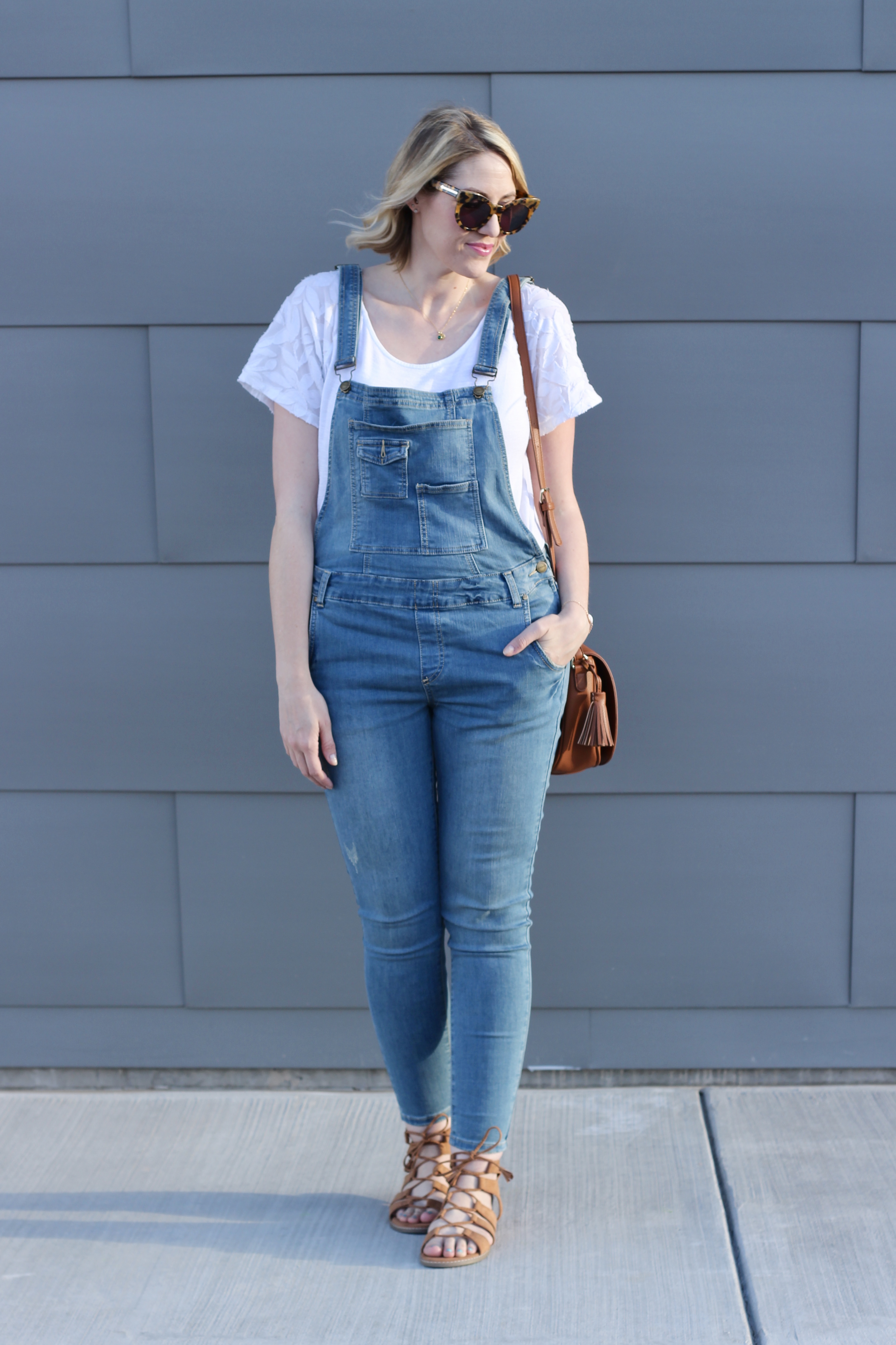 spring fashion featuring denim overalls