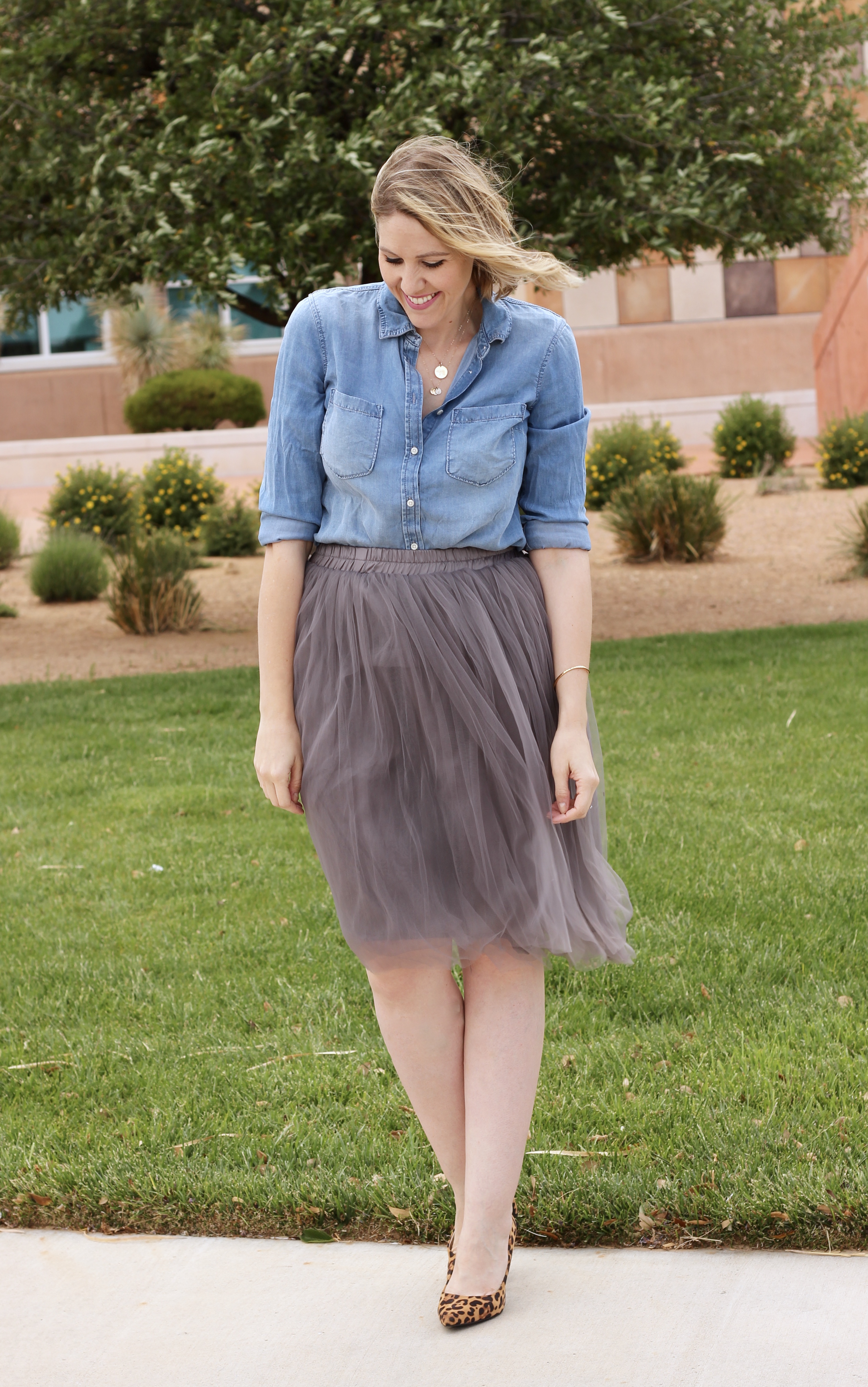 gray tulle skirt outfit