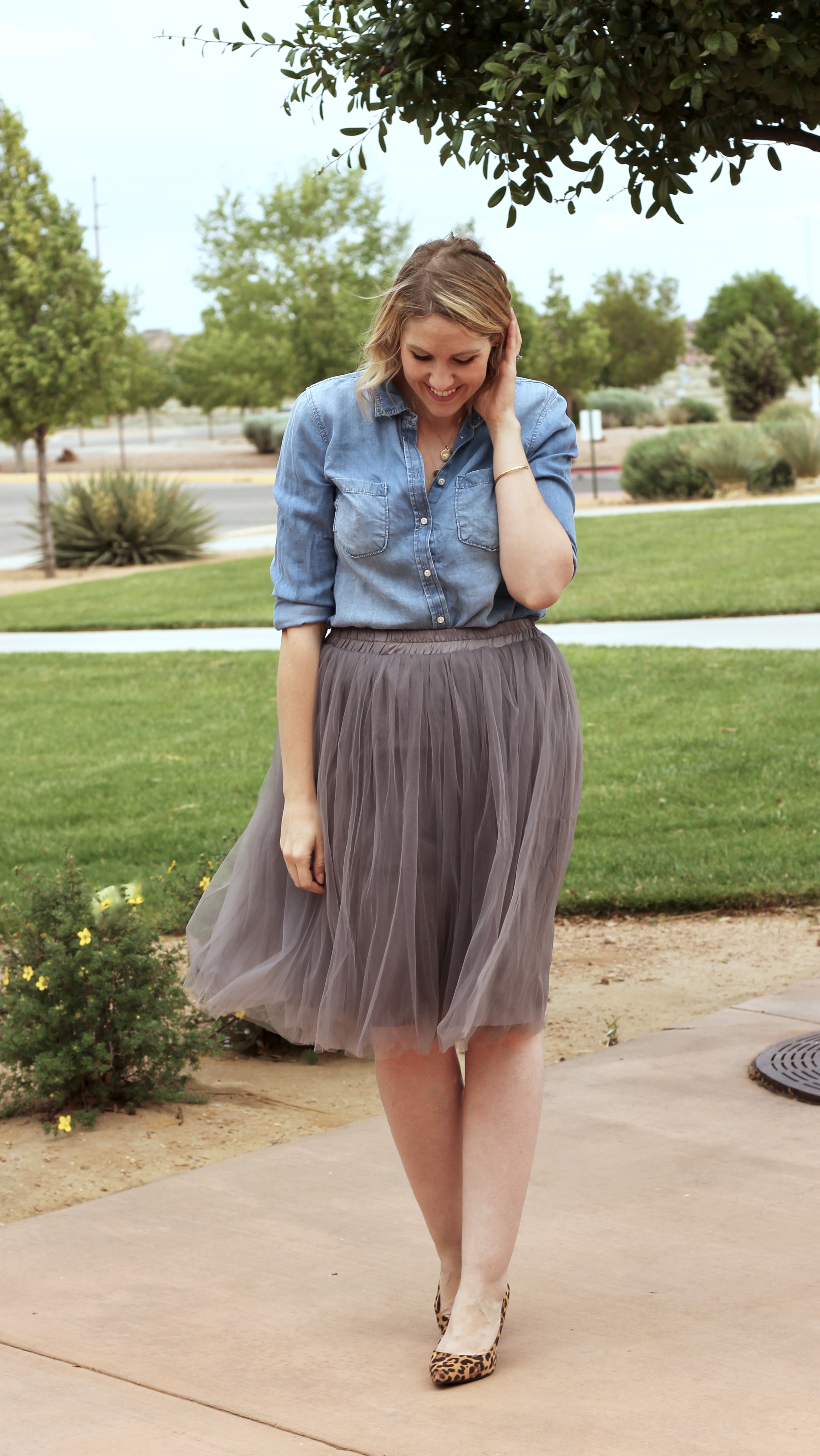 tulle skirt outfit with a chambray shirt