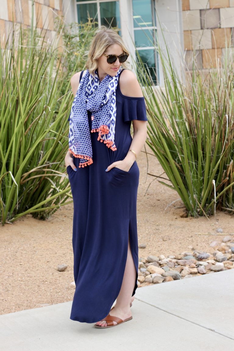 Moxidress Cold Shoulder Flare Sleeves Side Slit Maxi Dress