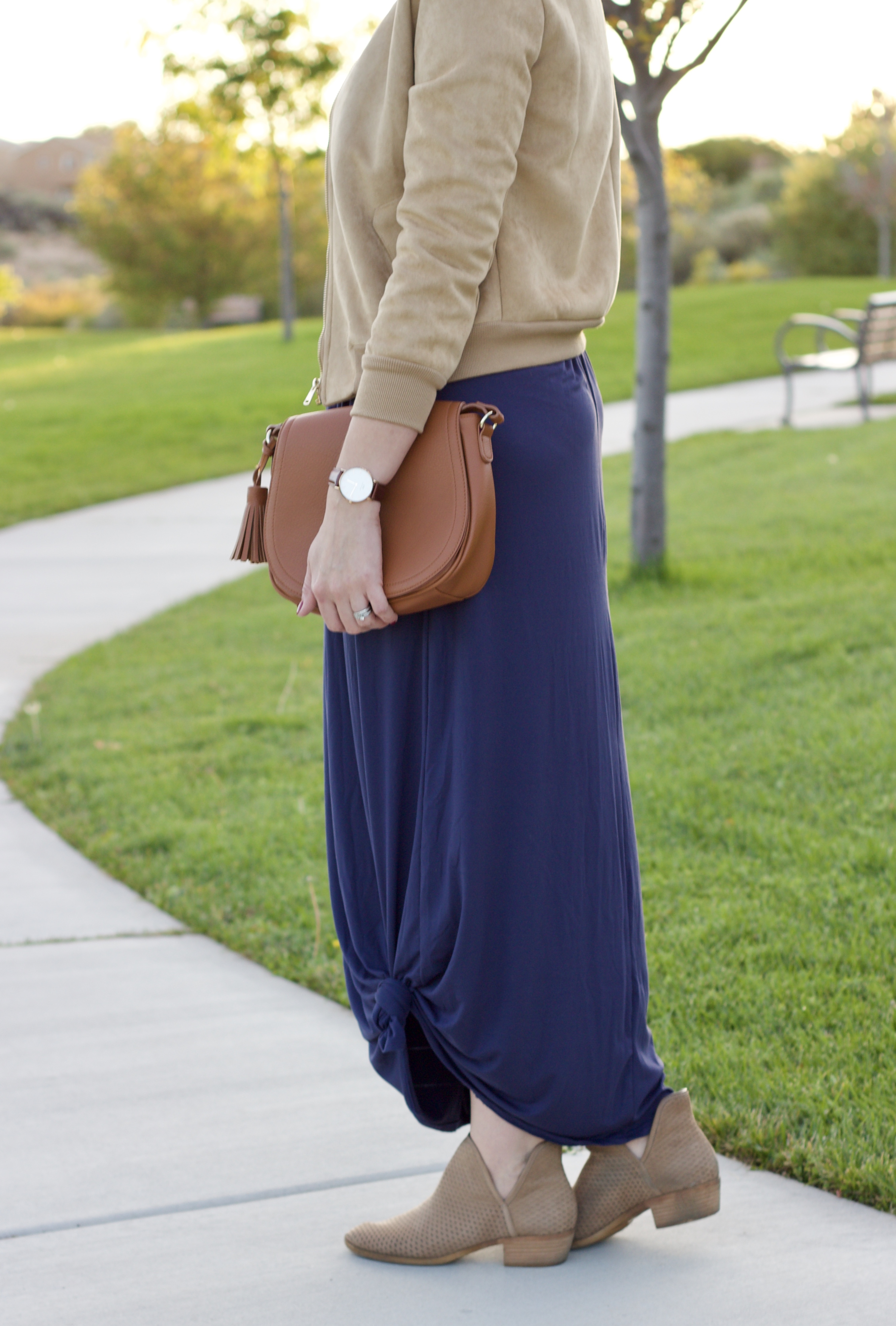 perforated booties and maxi dress