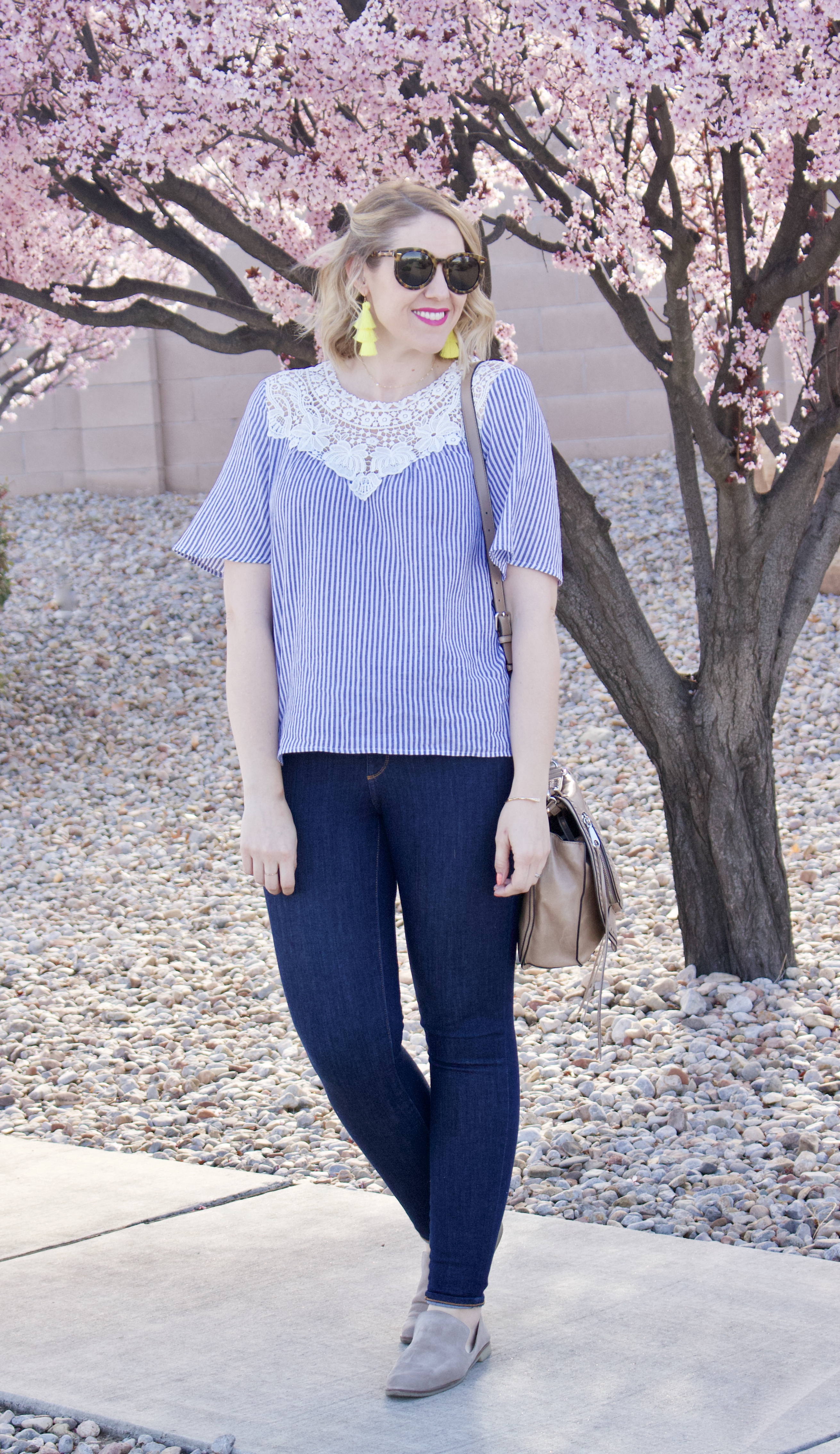 cute spring outfit with pink blush dark jeans #springstyle #momstyle #easteroutfit