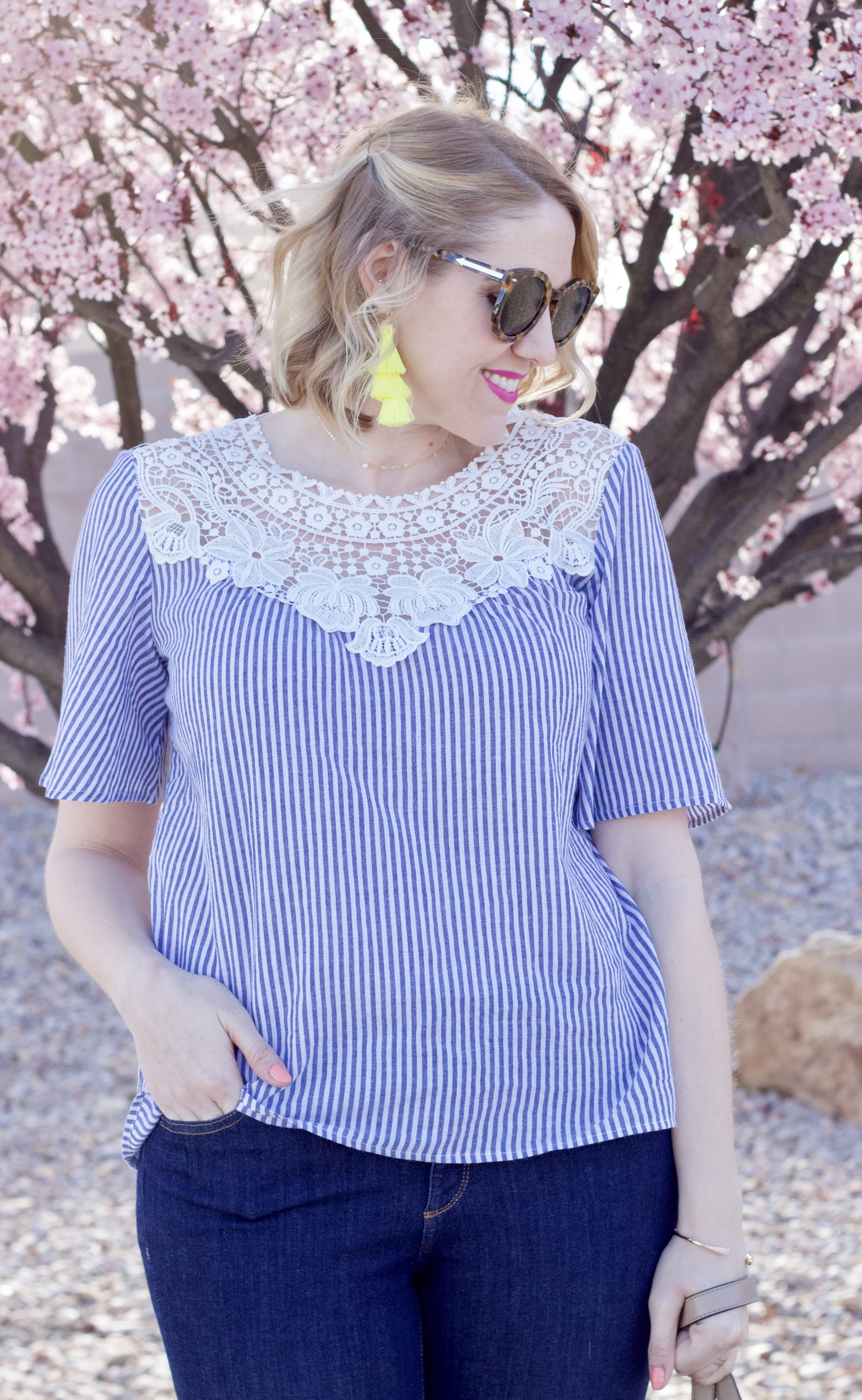crochet pinstripe top pink blush #springstyle #tasselearrings #crochet