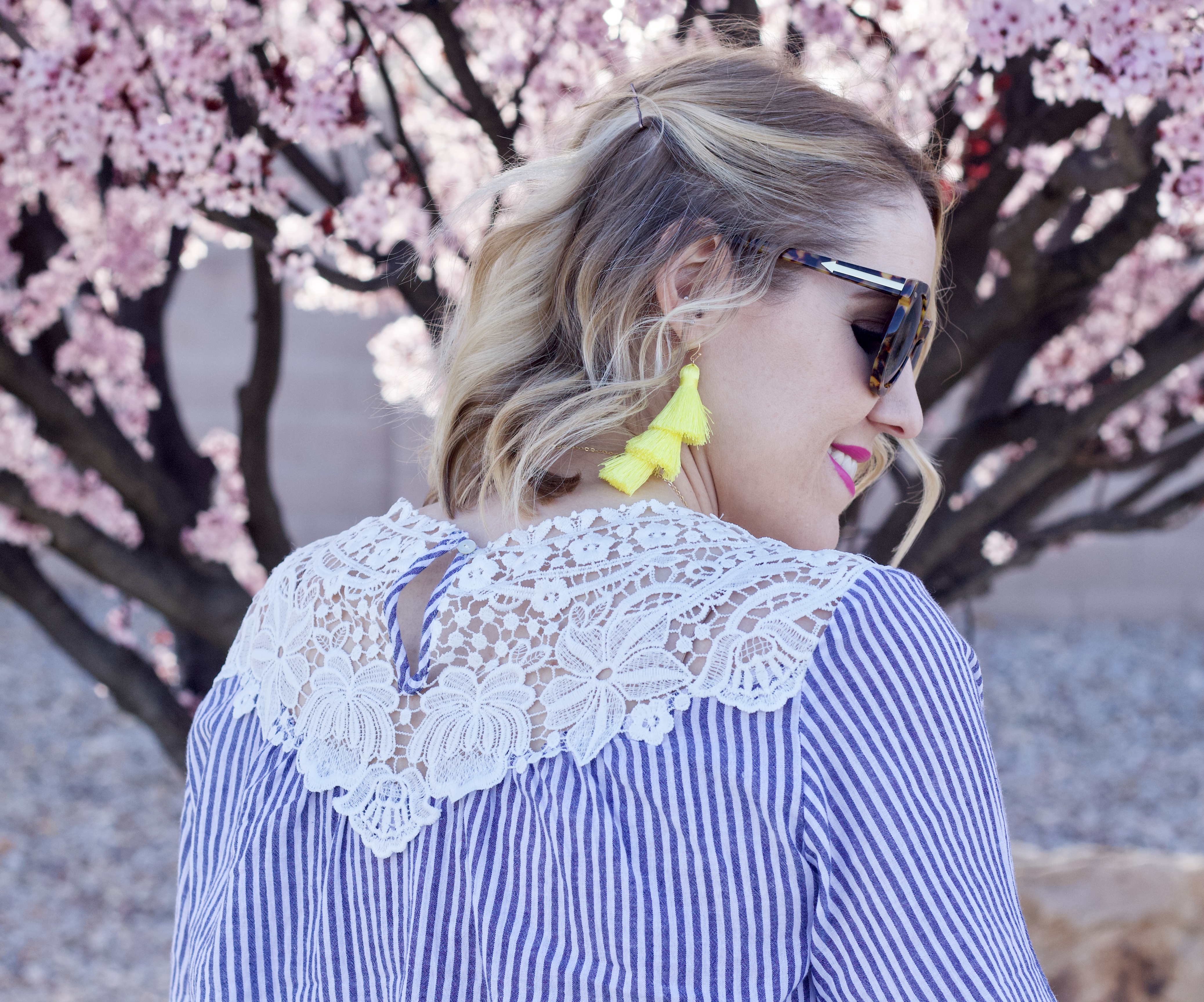 stripes and lace Pink Blush blouse #pinkblush #springstyle #crochetblouse