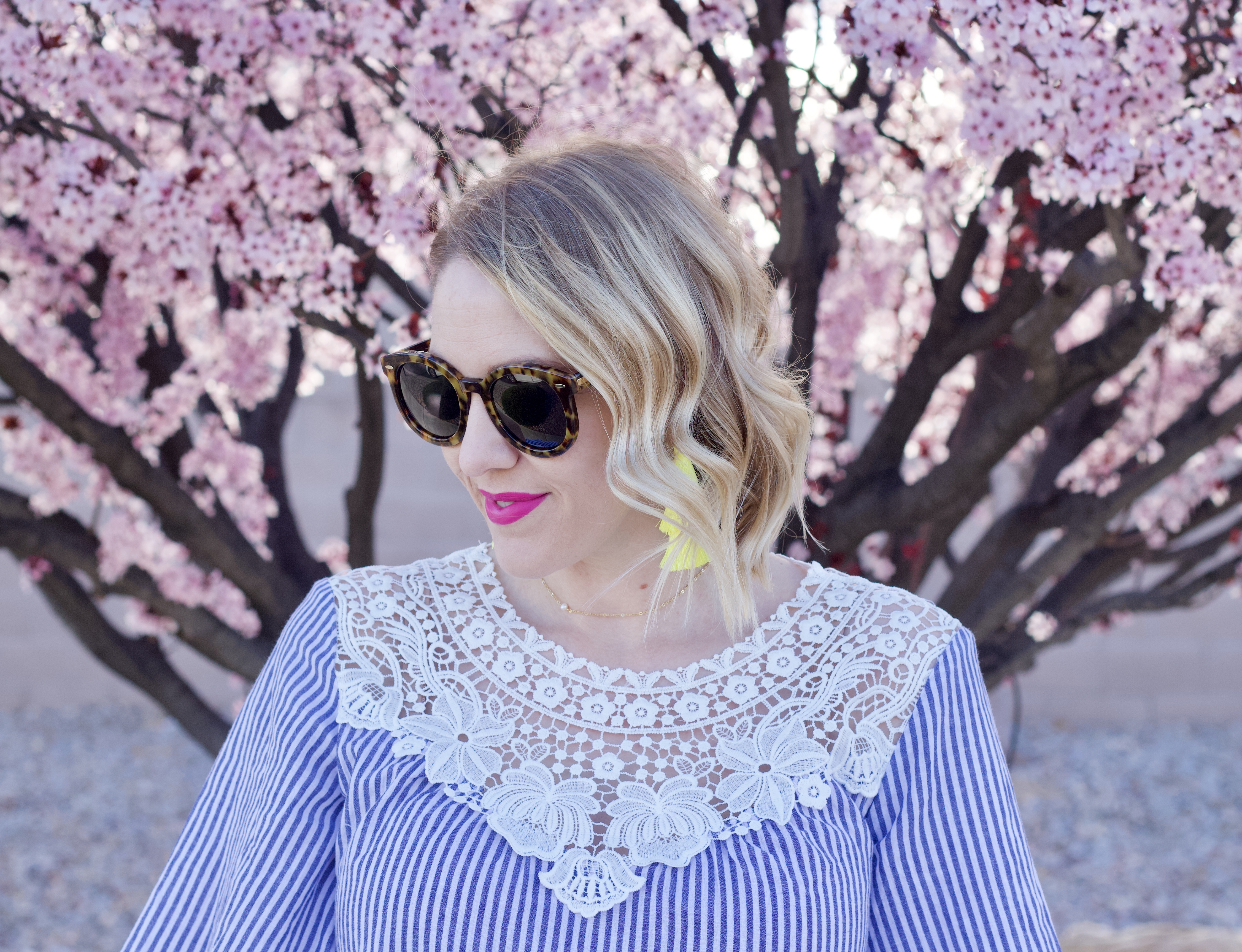 pink blush crochet pinstripe top #pinkblush #pinklipstick #springstyle