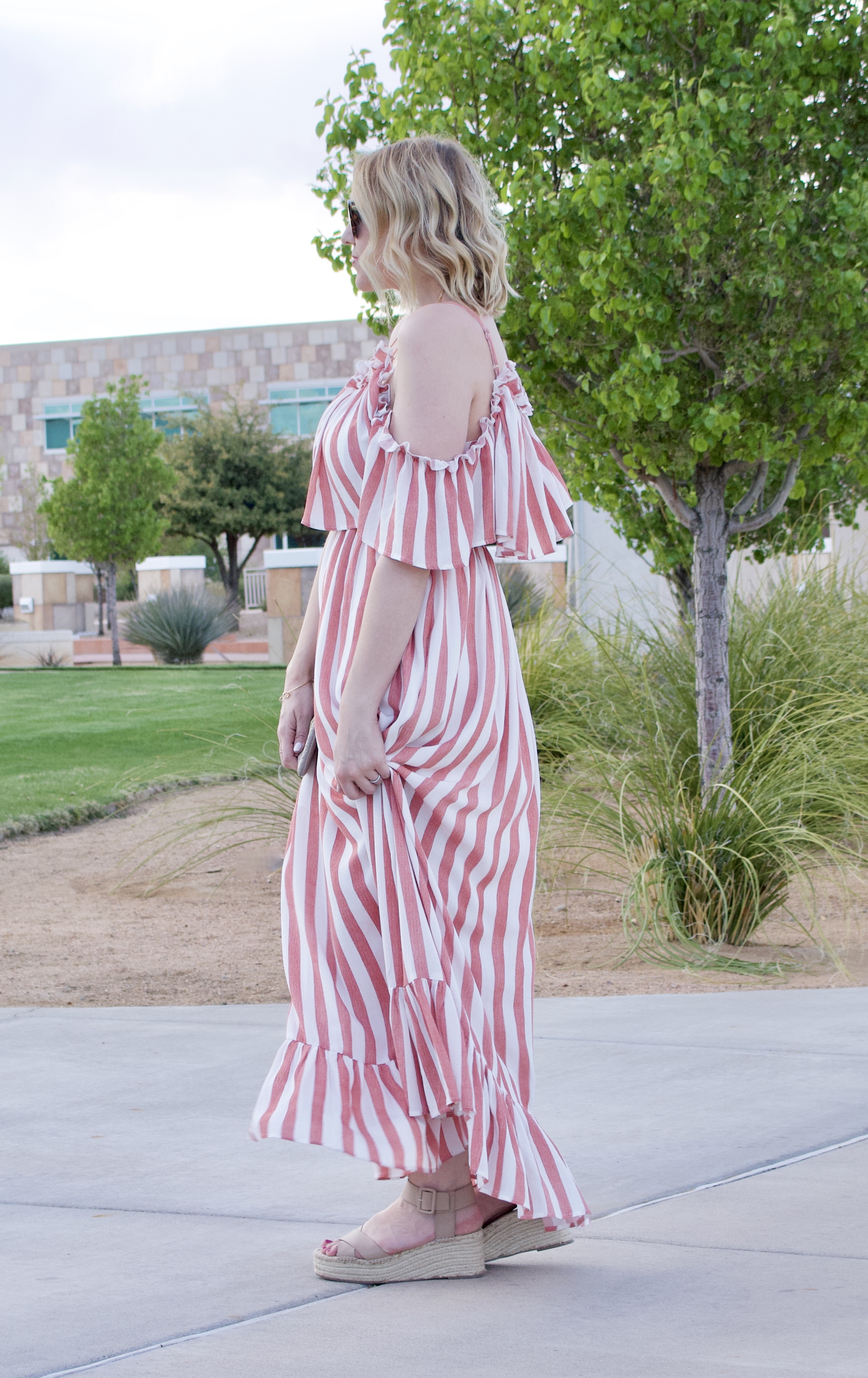 ruffled open shoulder maxi dress fashion link up #linkup #fashionblogger #styleblogger #pinkblush