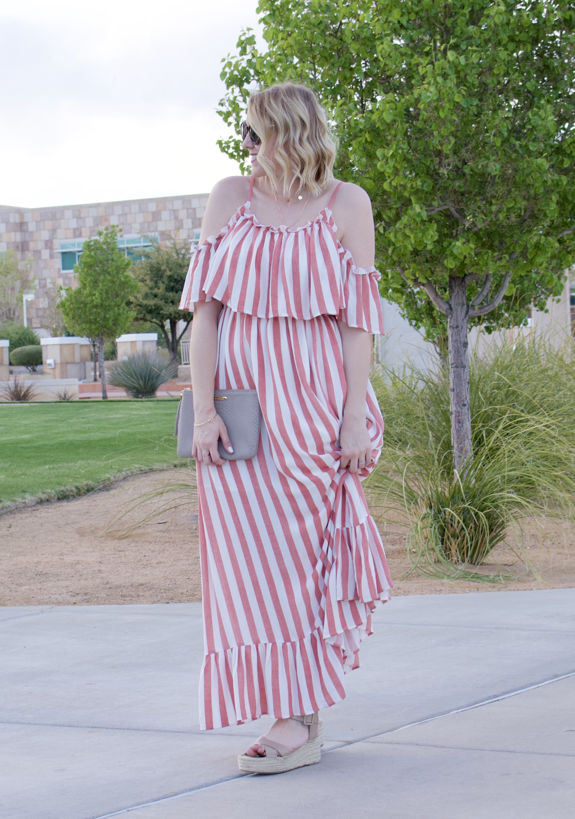 cute ruffle open shoulder maxi dress #maxidress #coldshoulderdress #stripedmaxidress #pinkblush