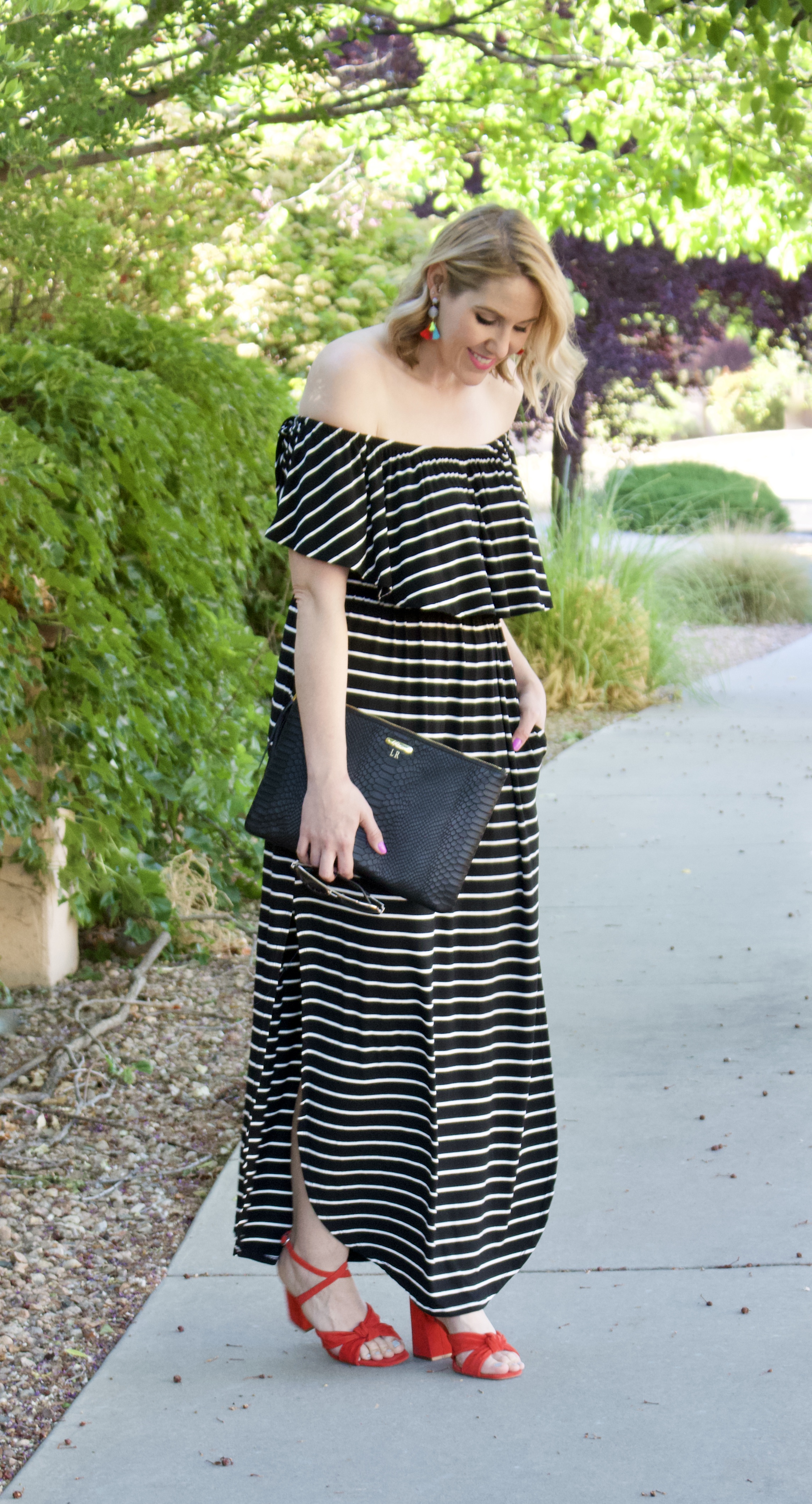 striped off shoulder maxi pink blush #maxidress #summerstyle #offtheshoulder #redheels