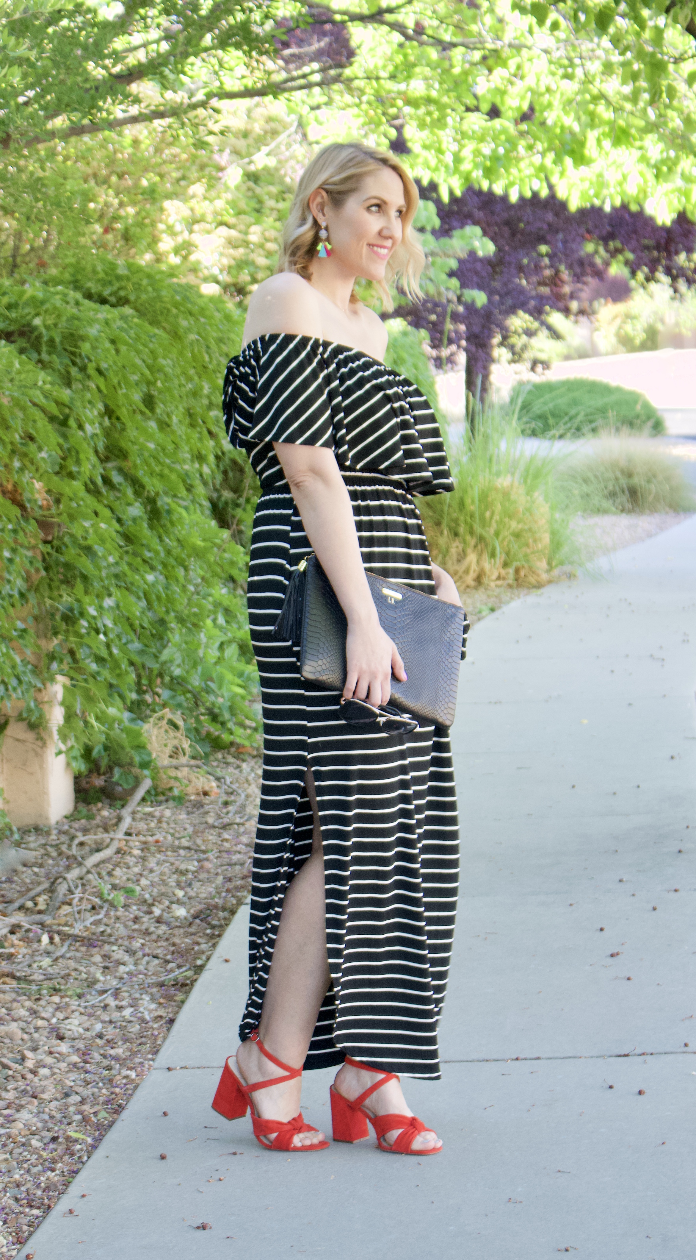 striped off shoulder maxi dress pink blush #dress #summerdress #fashionblogger