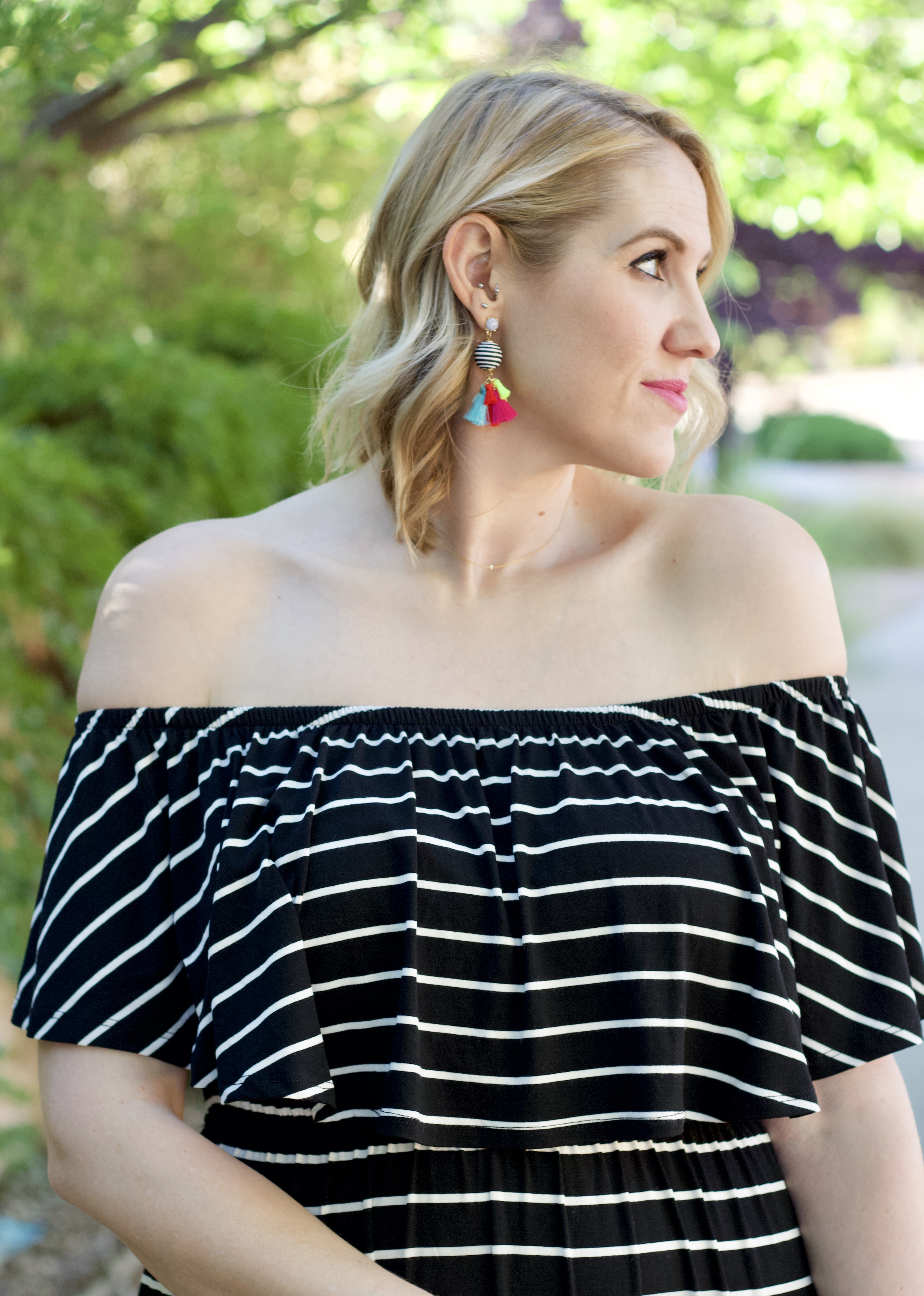 off the shoulder striped maxi dress for summer #offtheshoulder #maxidress #styleblogger #fashion