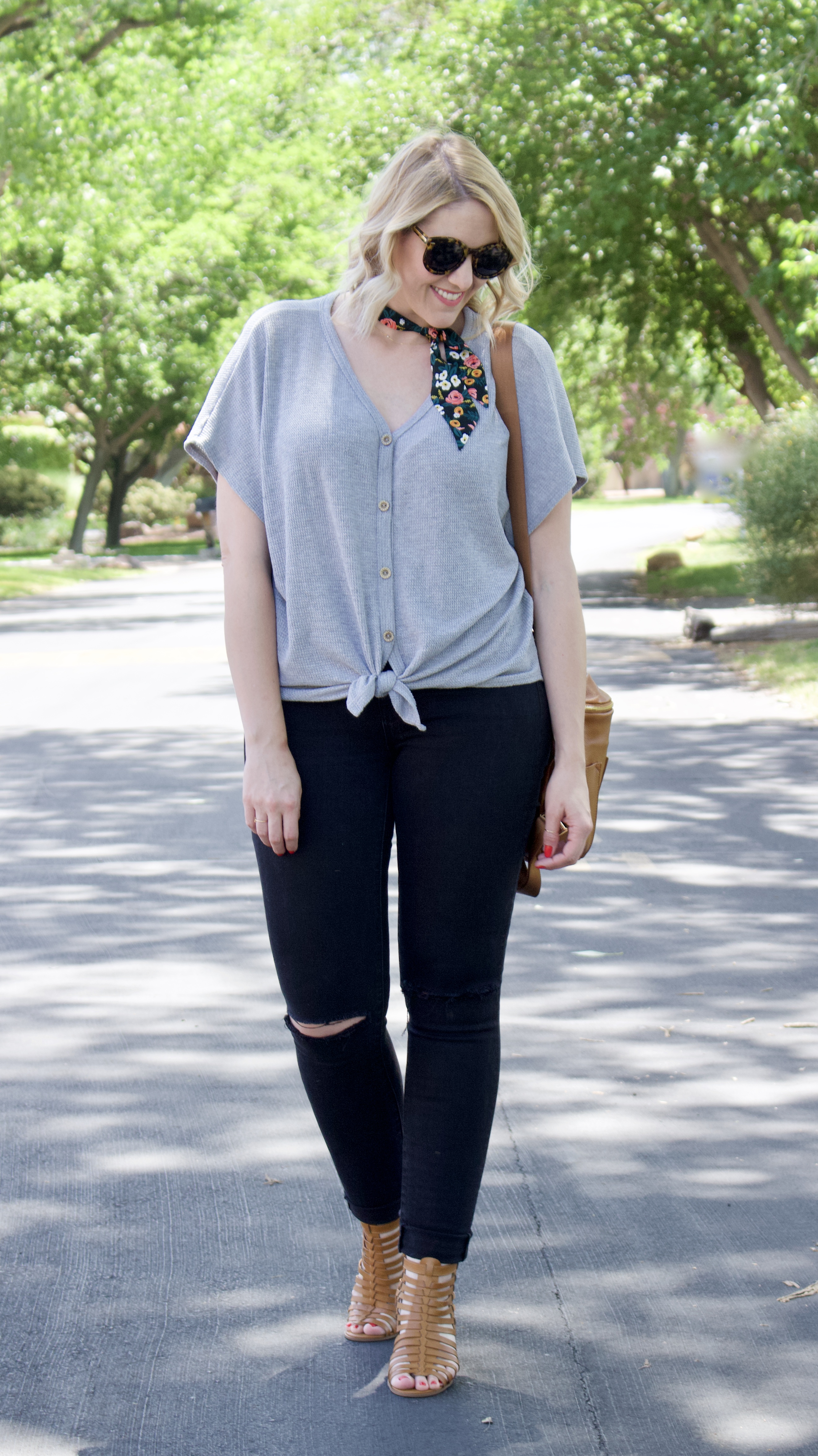 tie front top with distressed jeans #aexme #summerstyle #neckscarf #styleblogger