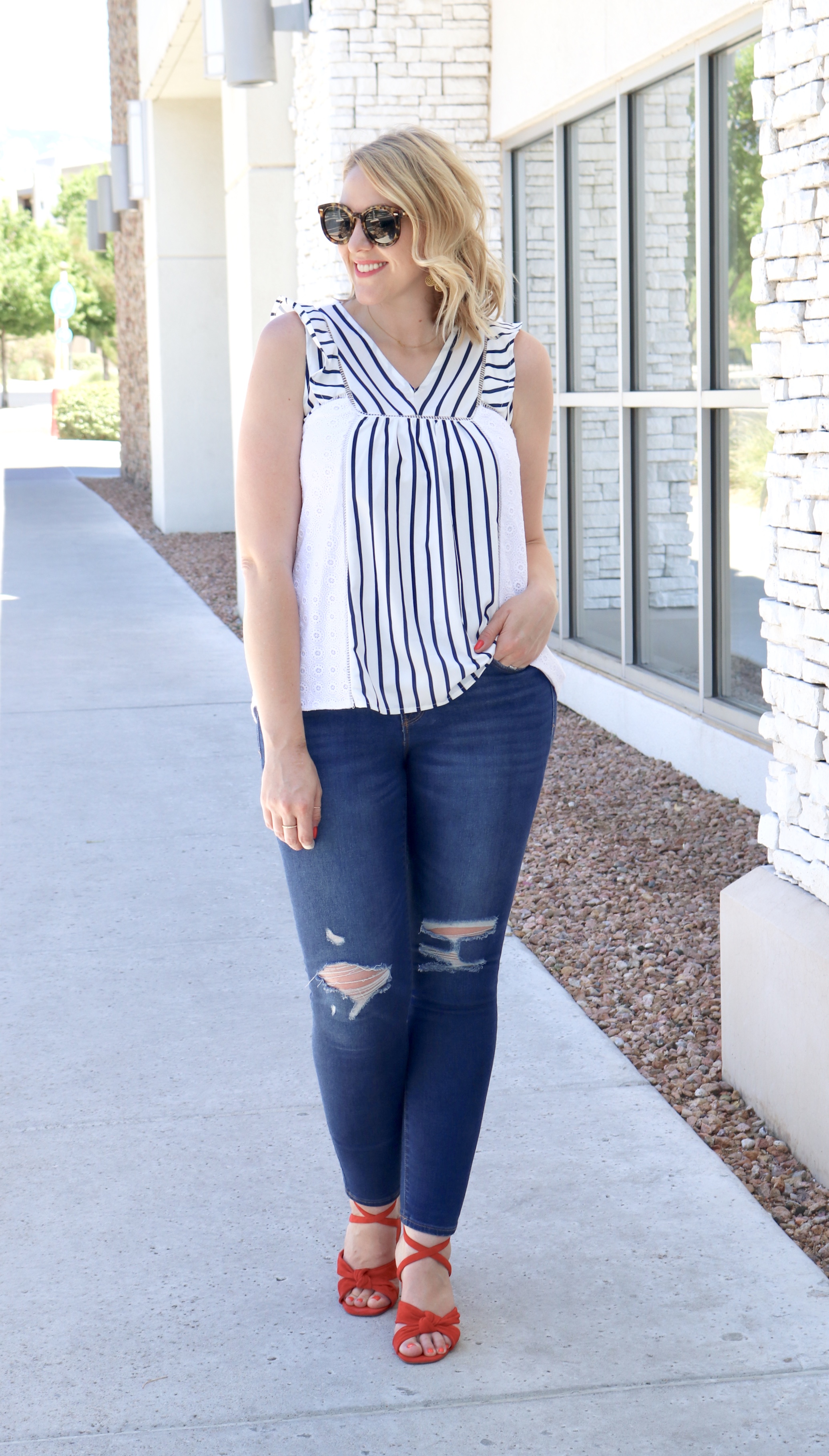 fourth of july outfit red sandals #4thofjuly #summerstyle #distressedjeans #redheels