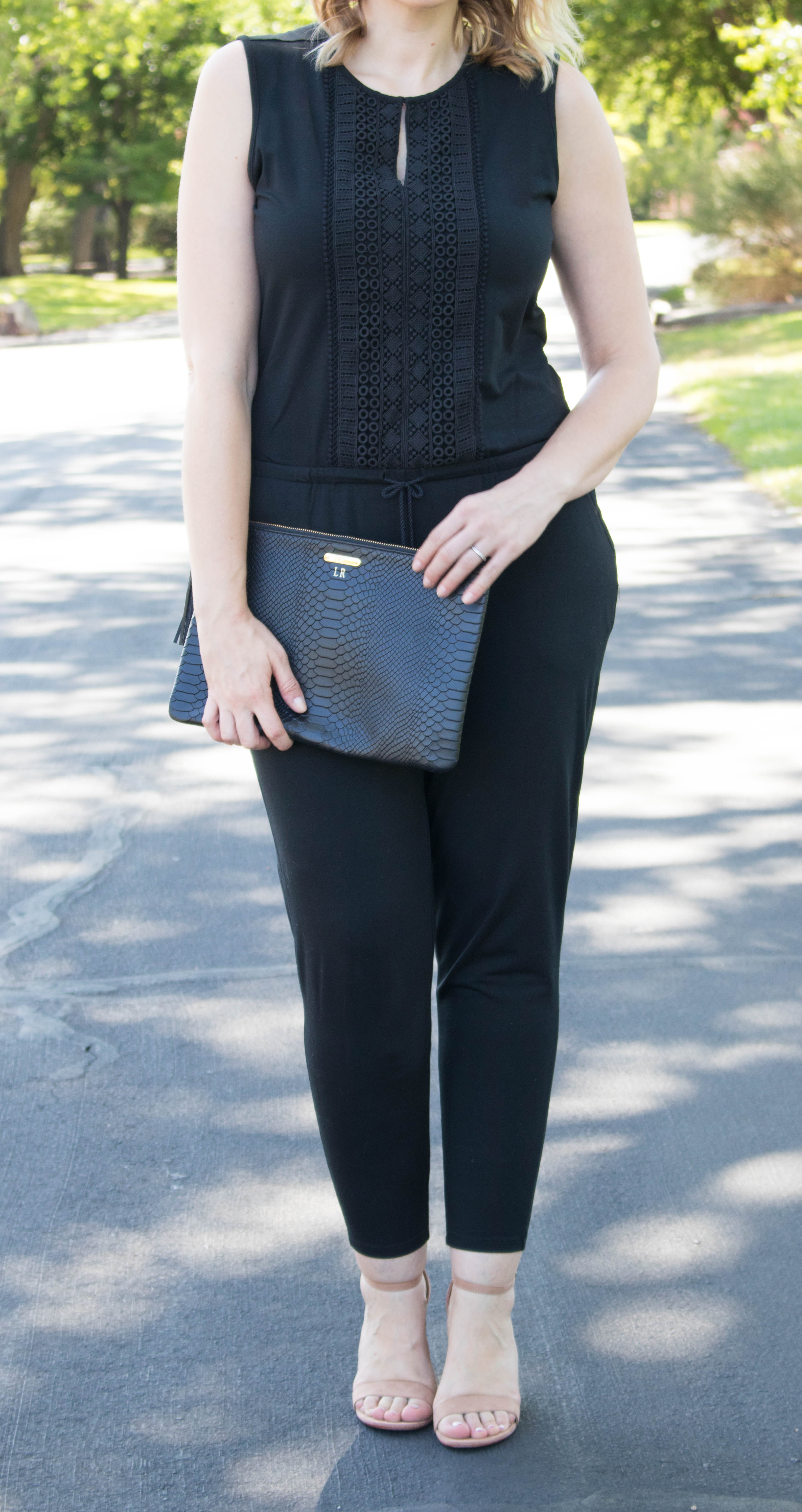 embroidered black jumpsuit #jumpsuit #outfitdetails #nudeheels