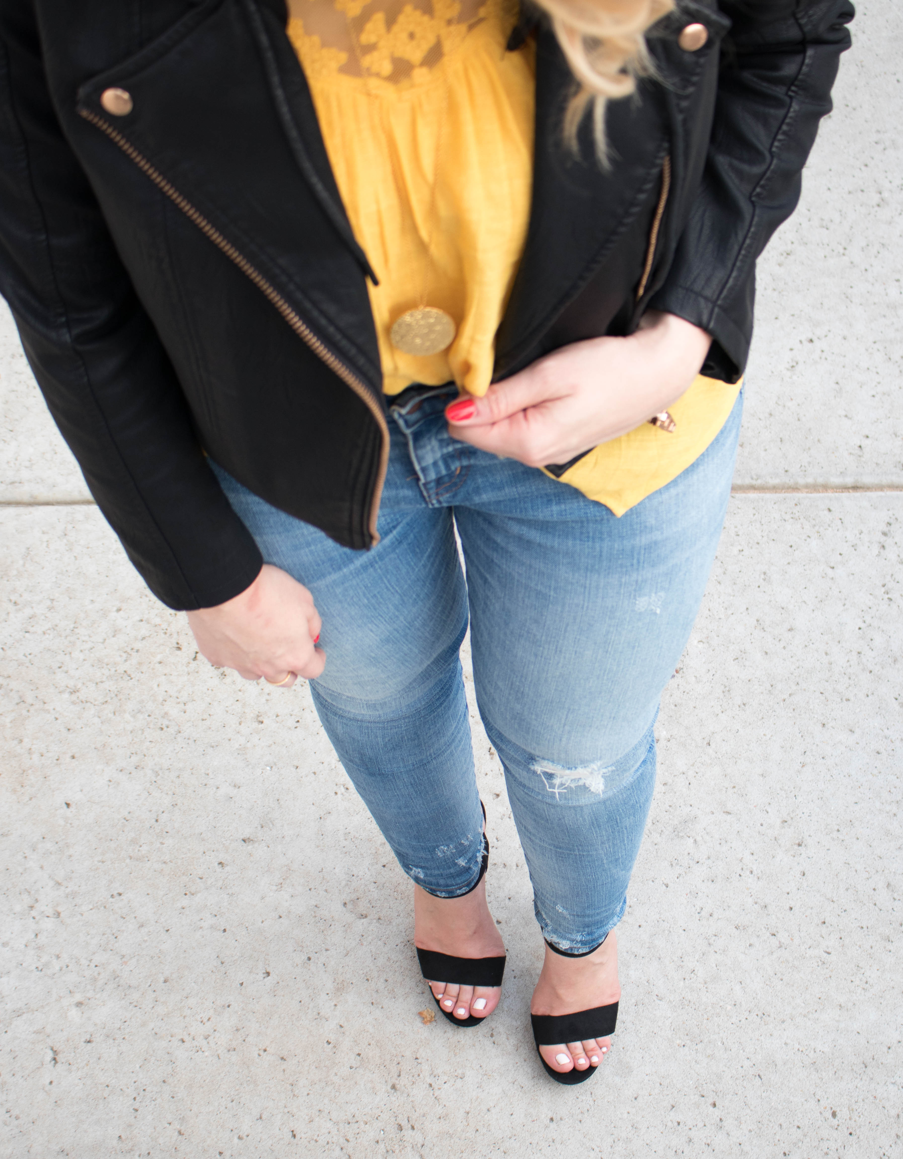 distressed denim and black heels #datenight #denim #leatherjacket