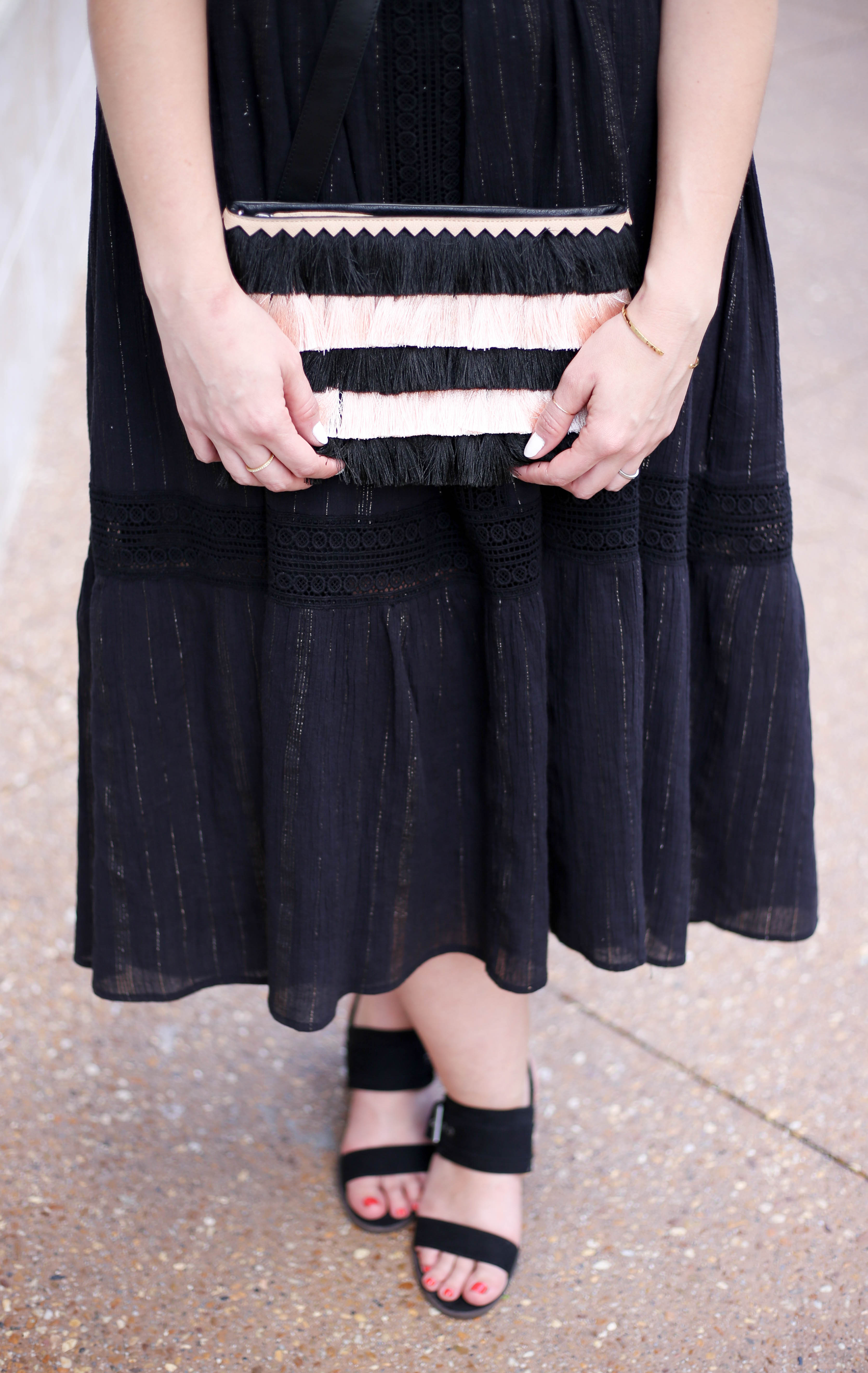 striped fringe clutch black dress #outfitdetails #fringe #summerstyle