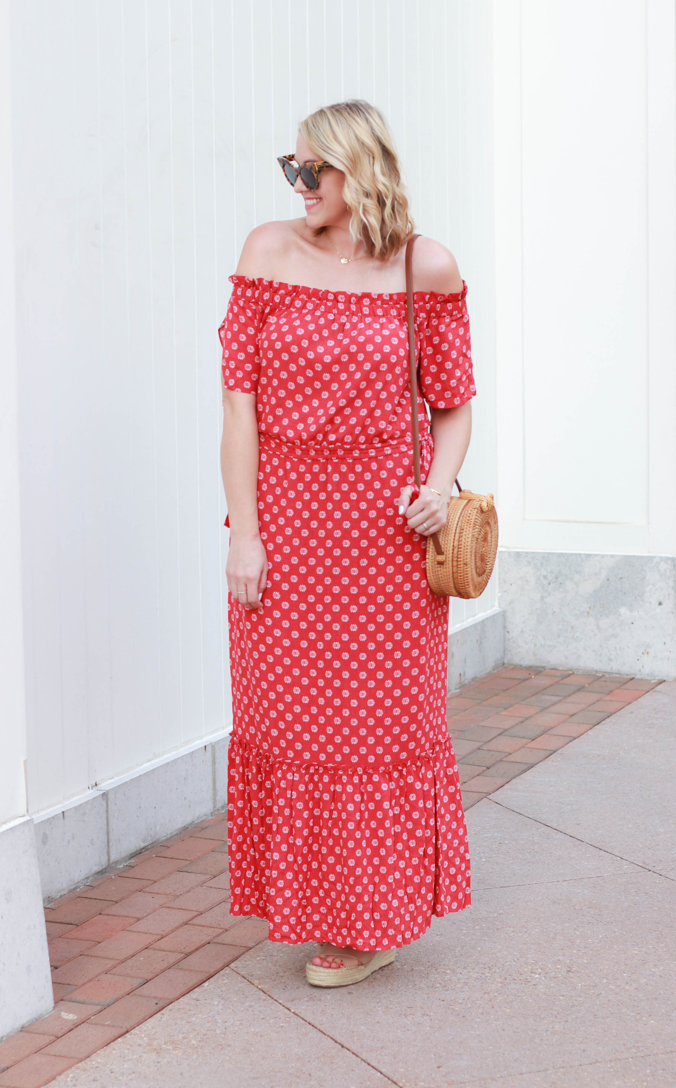 red off the shoulder printed maxi dress 1.STATE #macys #macyslove #maxidress #bohostyle