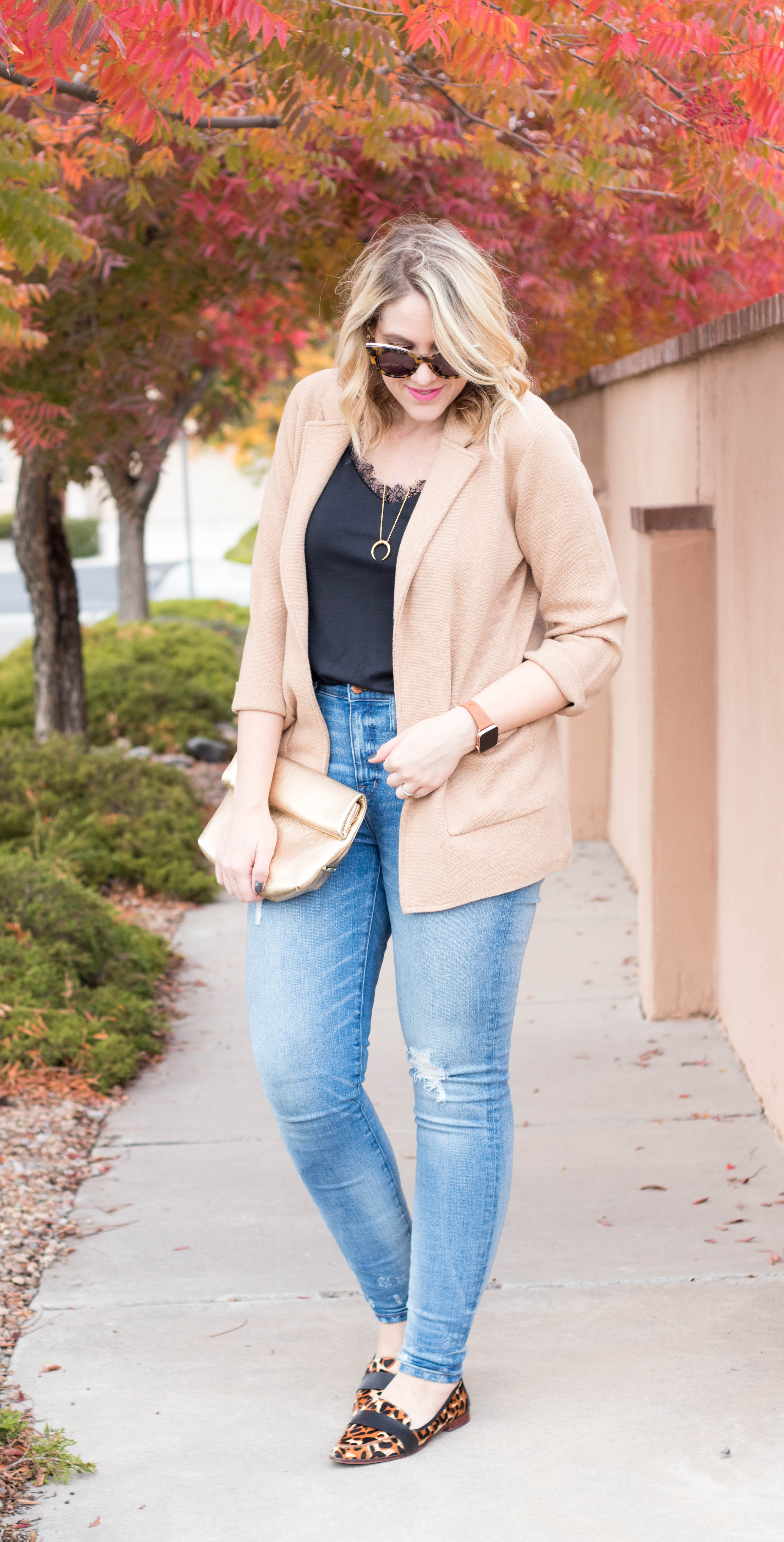 Spring Style: Foldover Front Cami Top w/Button Detail + High Waisted Ripped  Jeans + Camel Blazer – The Style Perk