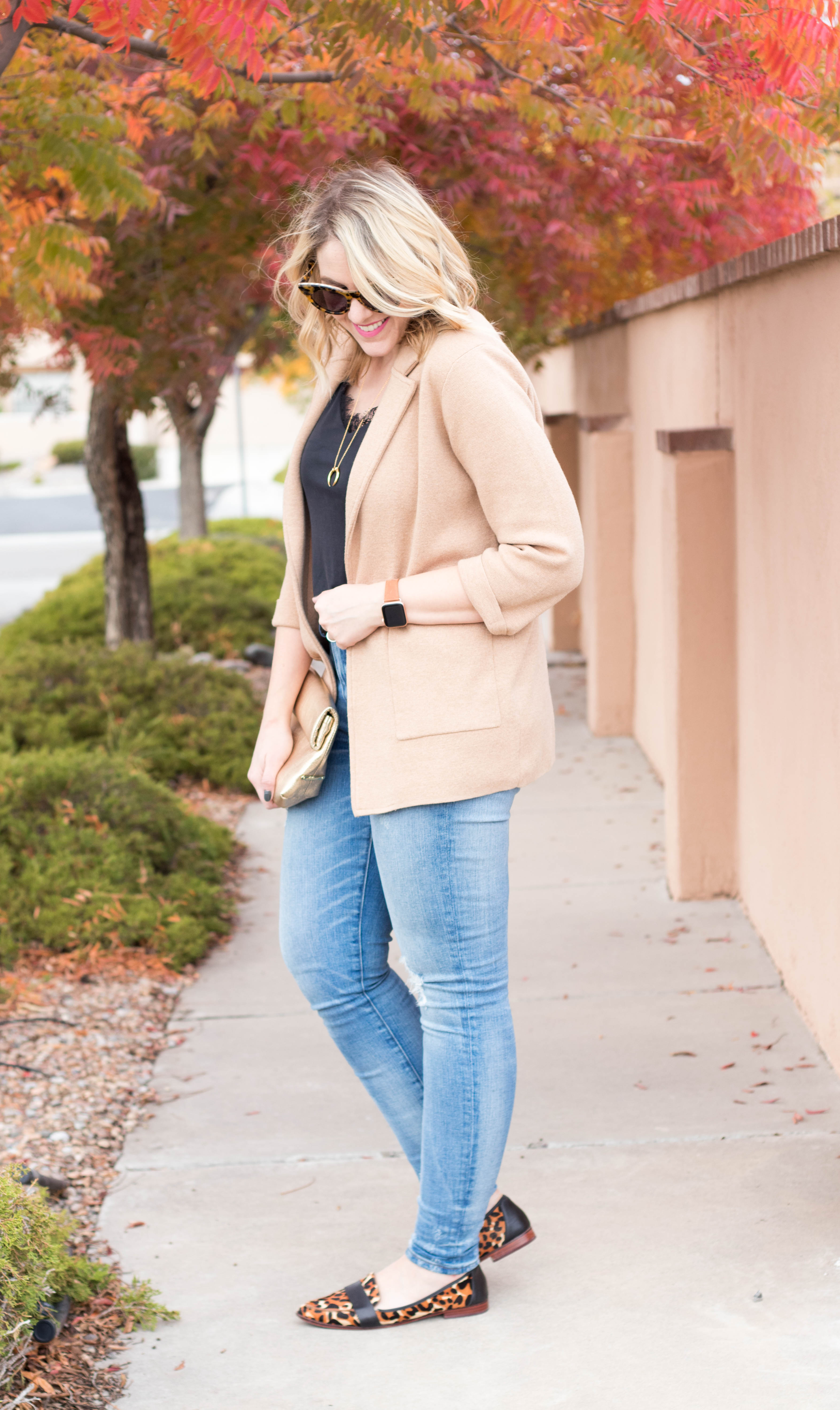 Spring Style: Foldover Front Cami Top w/Button Detail + High Waisted Ripped  Jeans + Camel Blazer – The Style Perk