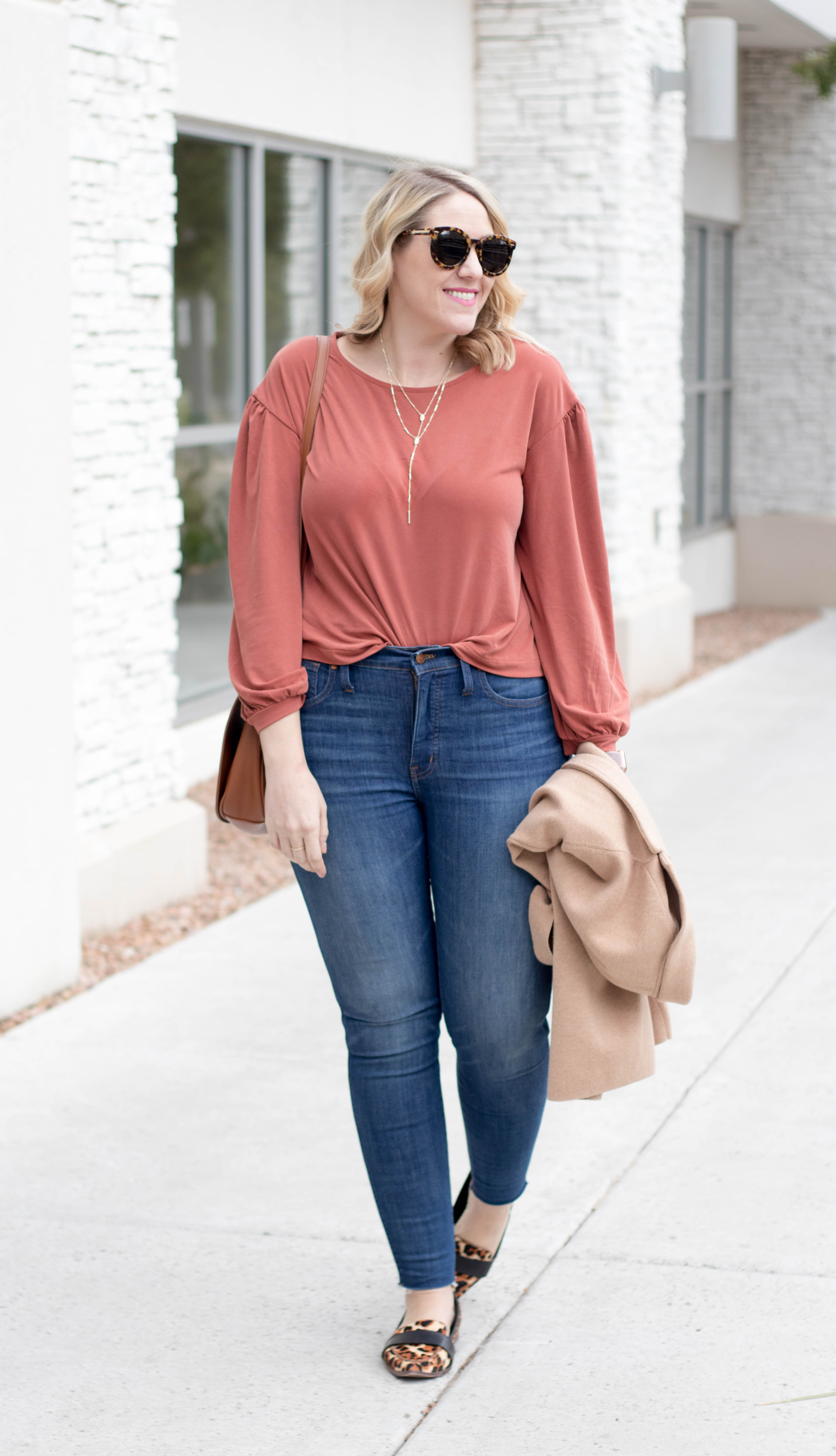 rust gathered sleeve top madewell #fallstyle #leopardflats #tallfashion