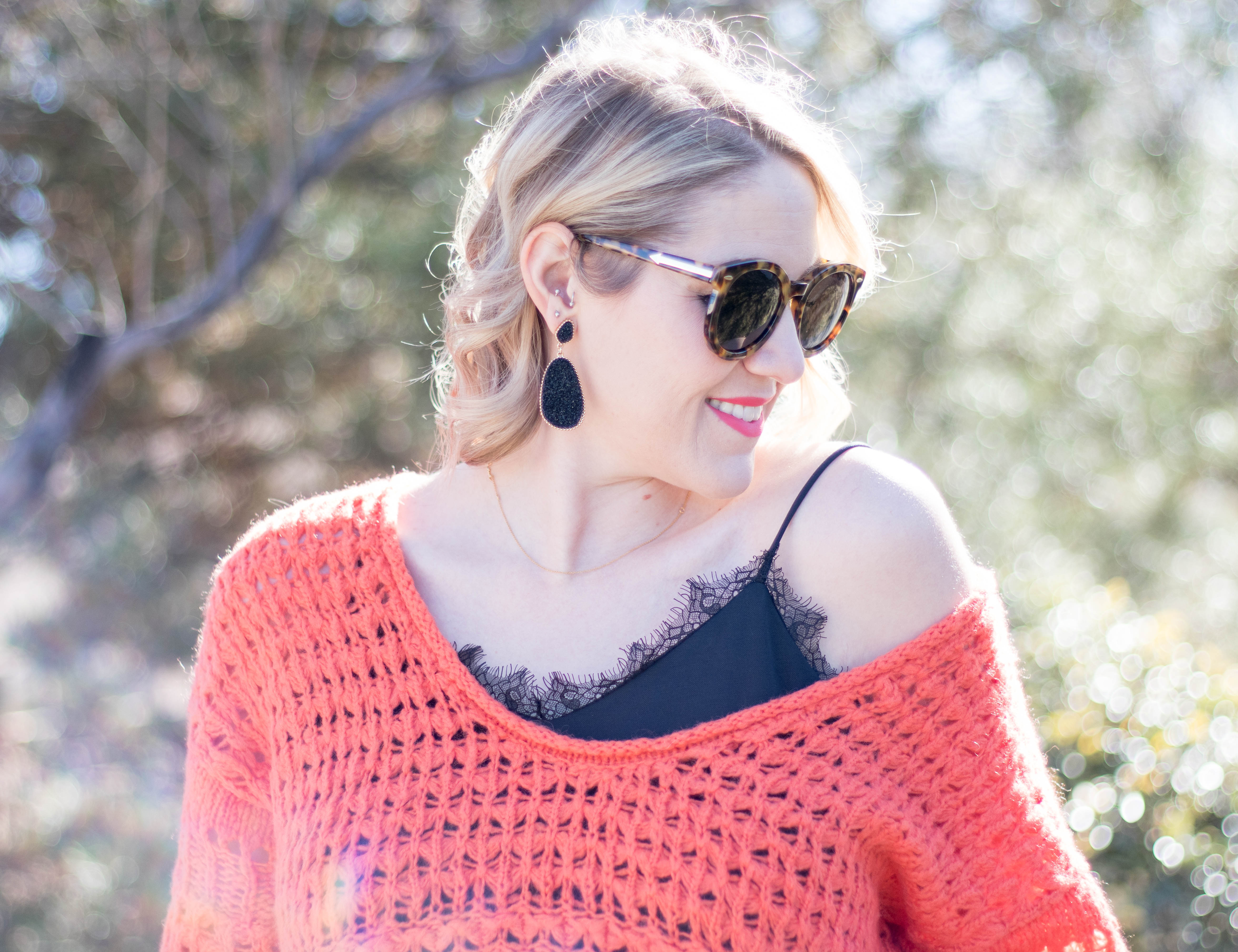 free people chunky sweater lace cami #winterstyle #winterlayers #outfitdetails