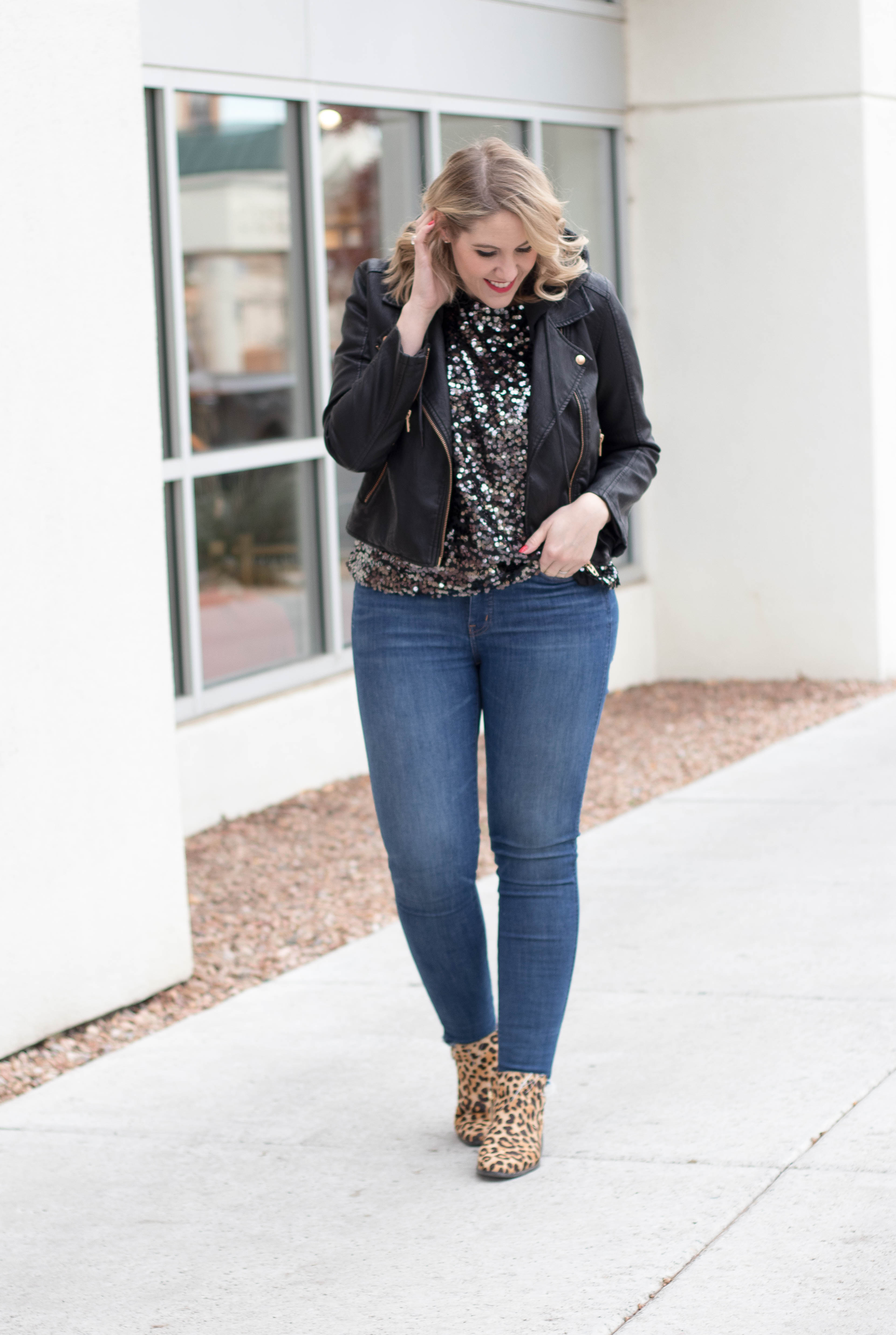 sequin top and leopard boots outfit #tallfashion #holidaystyle #everydaymadewell