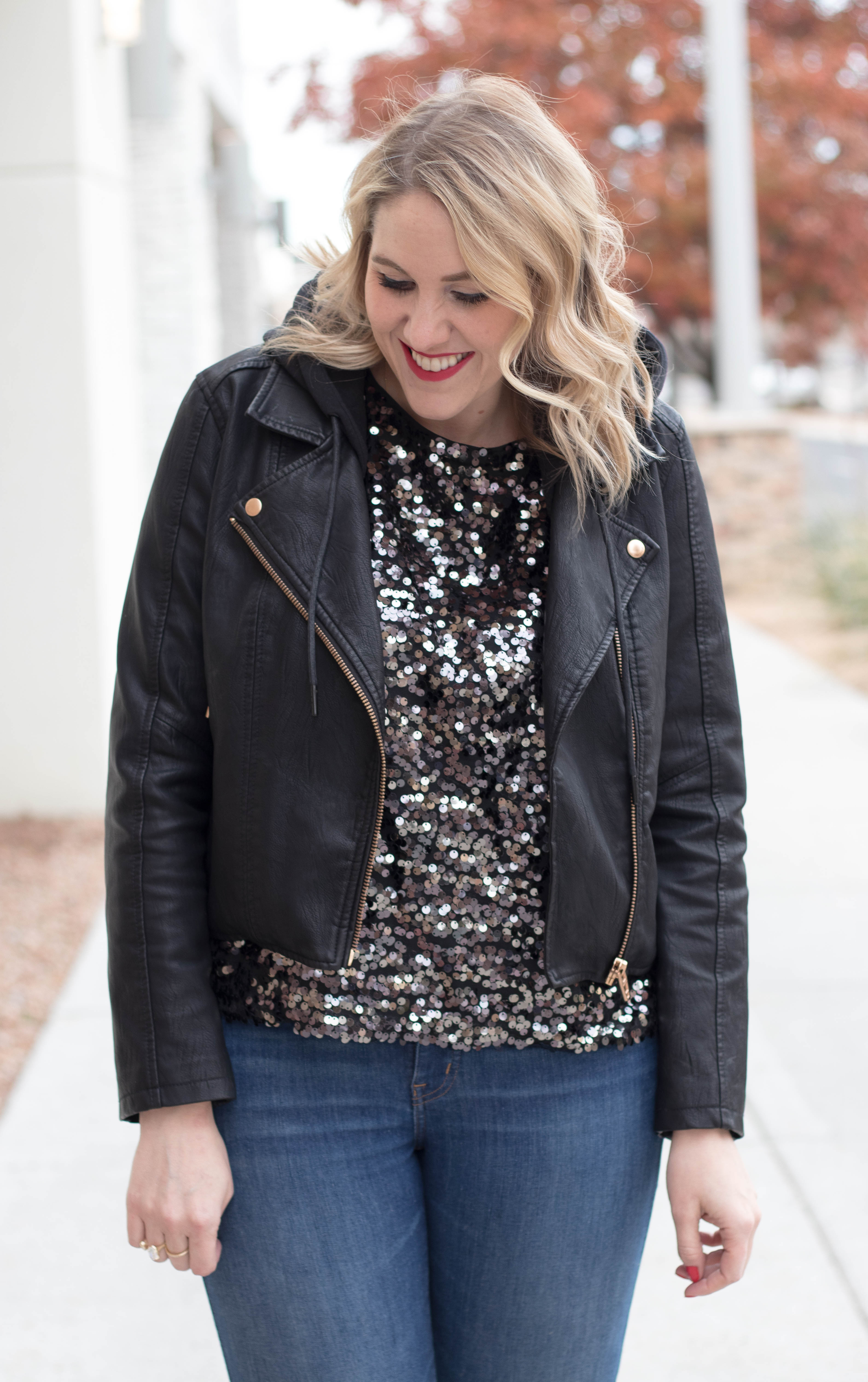 sequin top leather hooded jacket outfit #sequins #holidaystyle #sequintop
