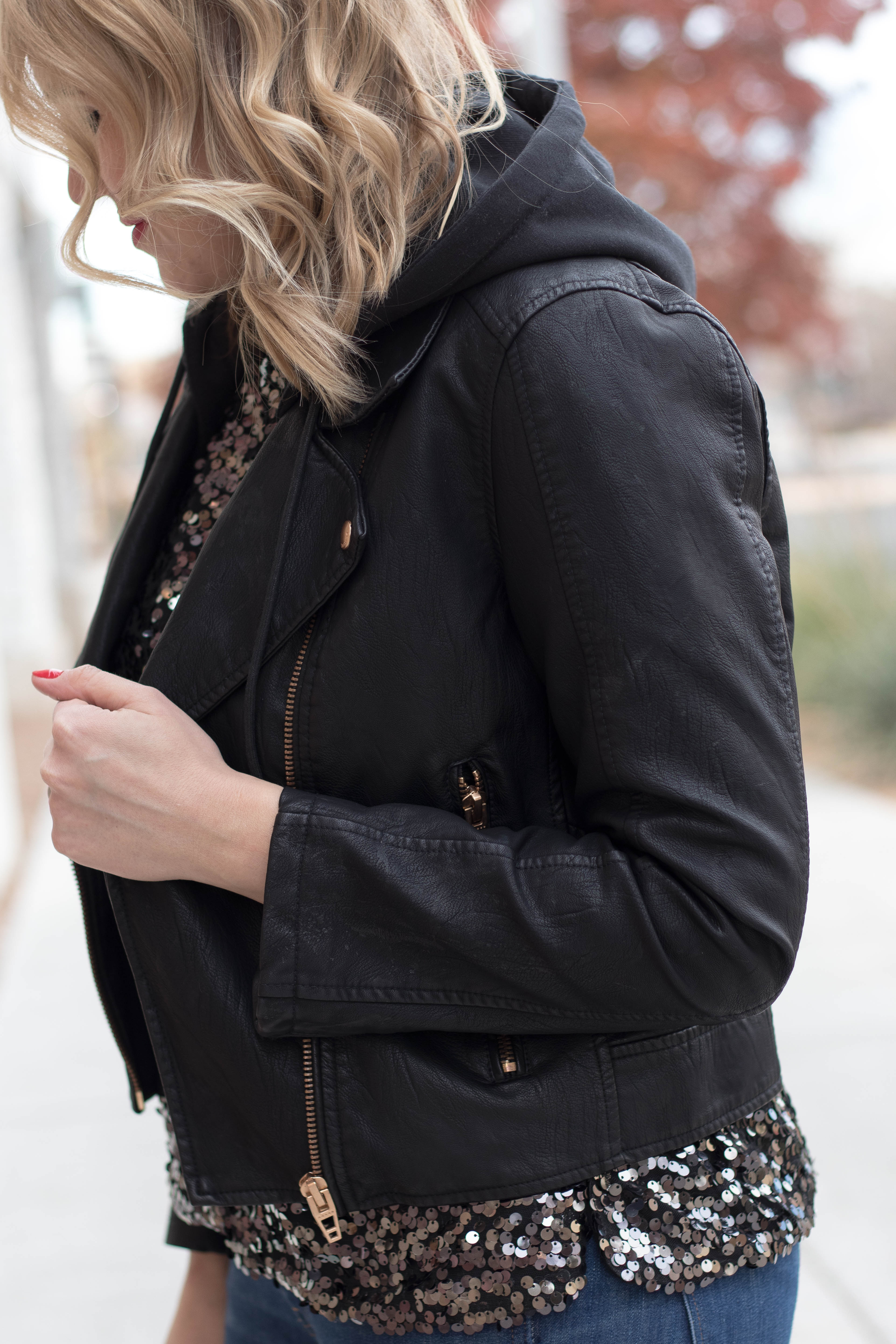 blank NYC Moto jacket with hood #blanknyc #outfitdetails #leatherjacket