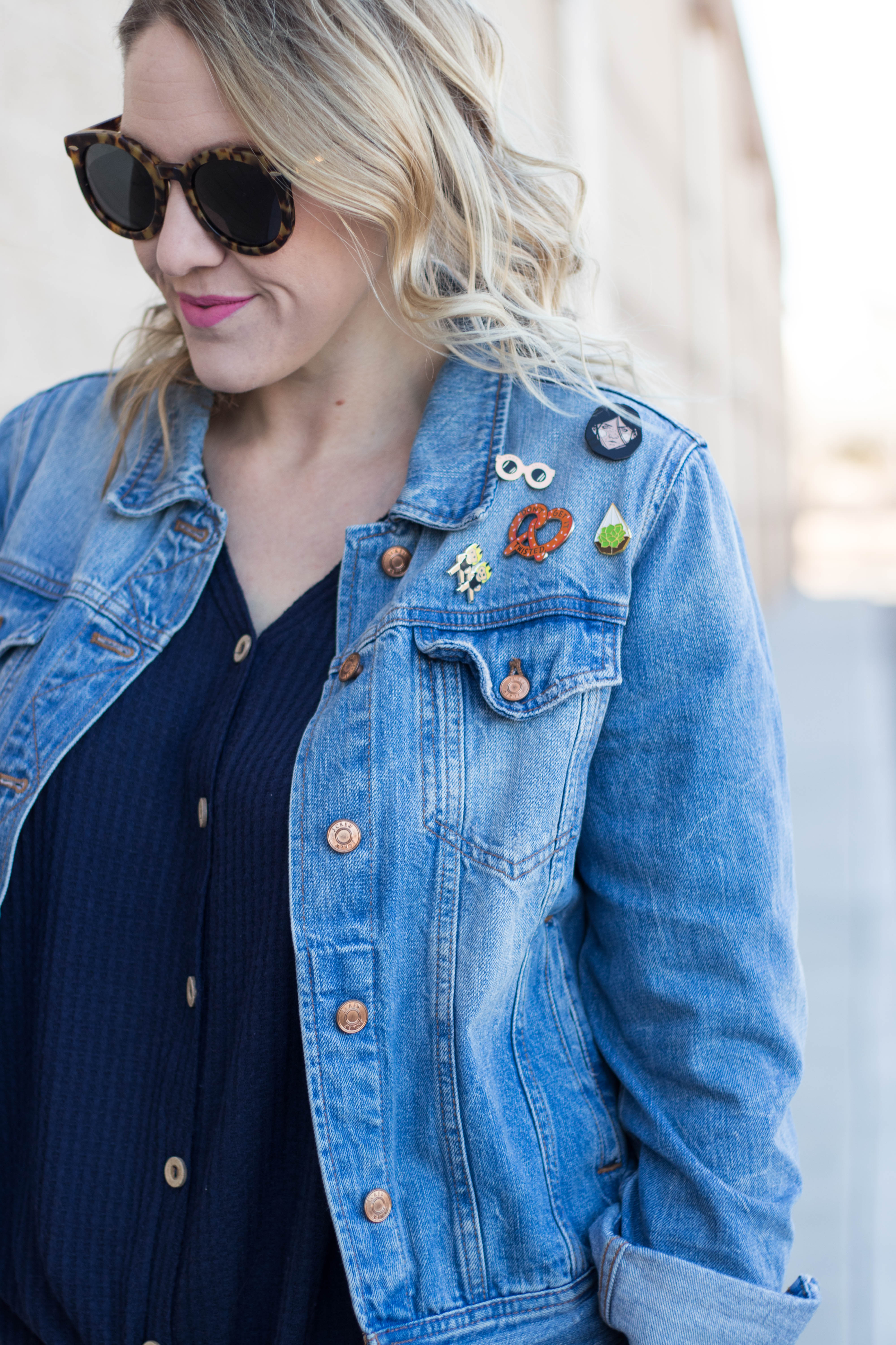 jcrew classic denim jacket with enamel pins #denimjacket #jcrew #enamelpins