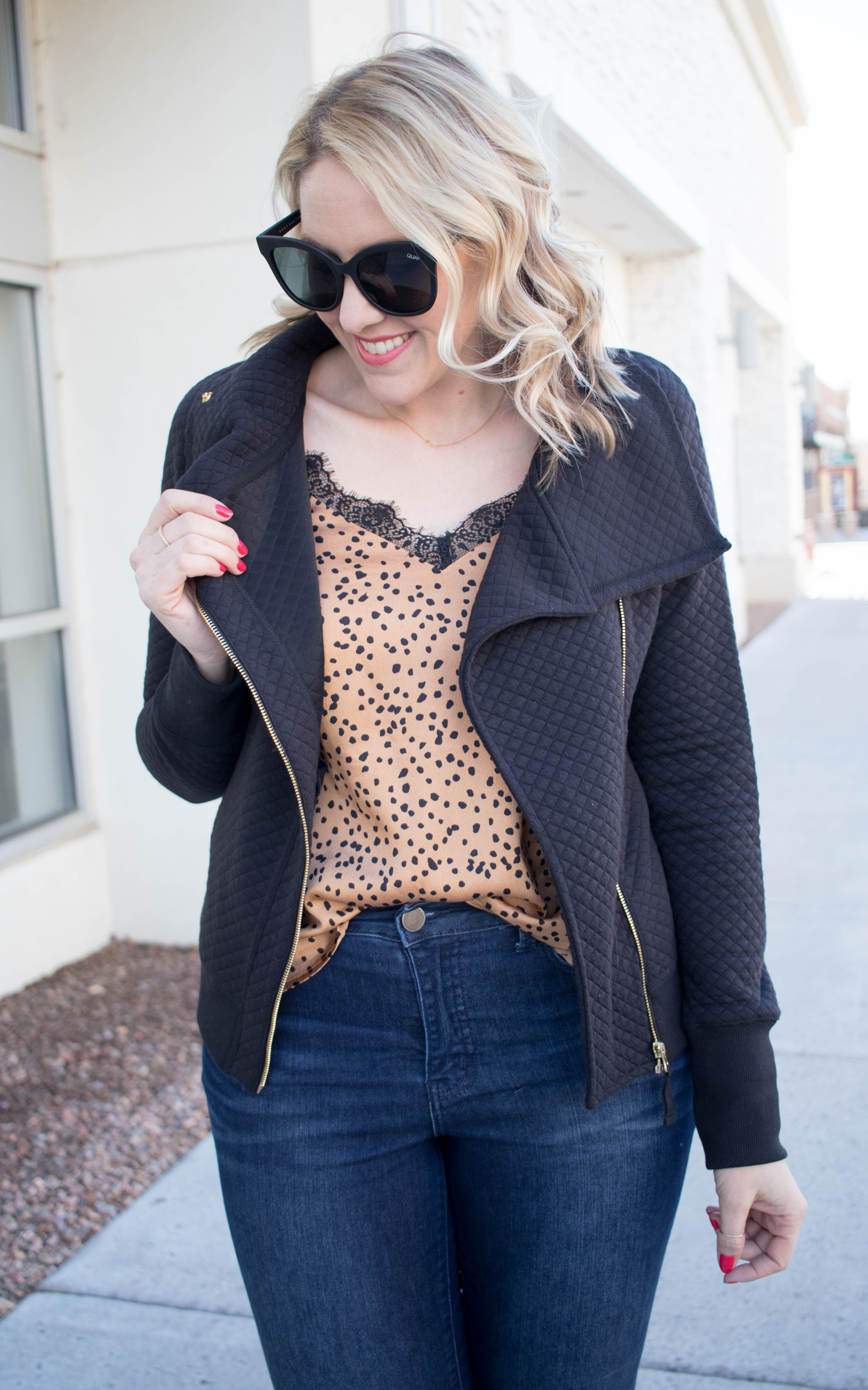 VICI date night outfit #datenight #lacecami #motojacket