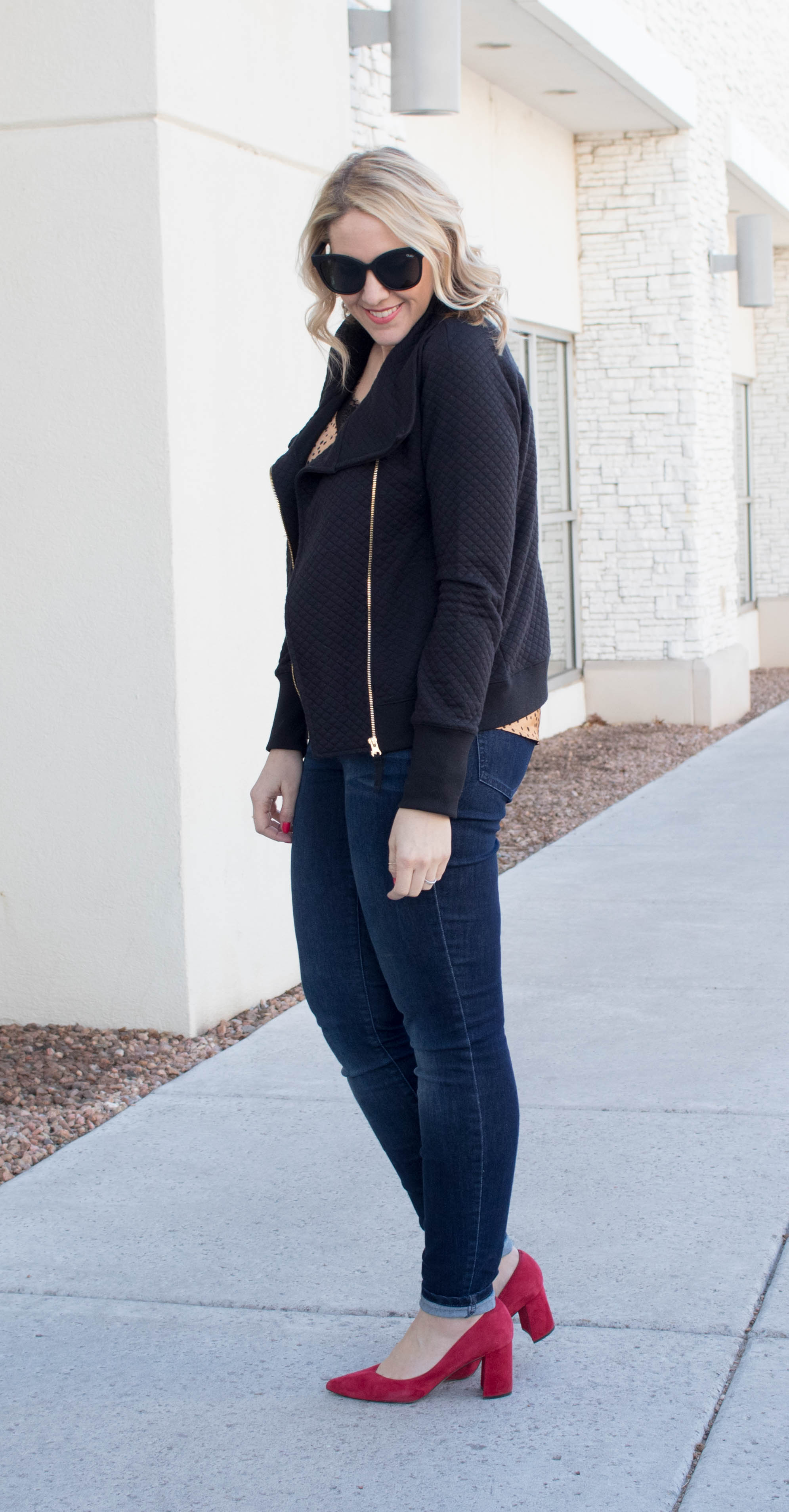 red block heels outfit