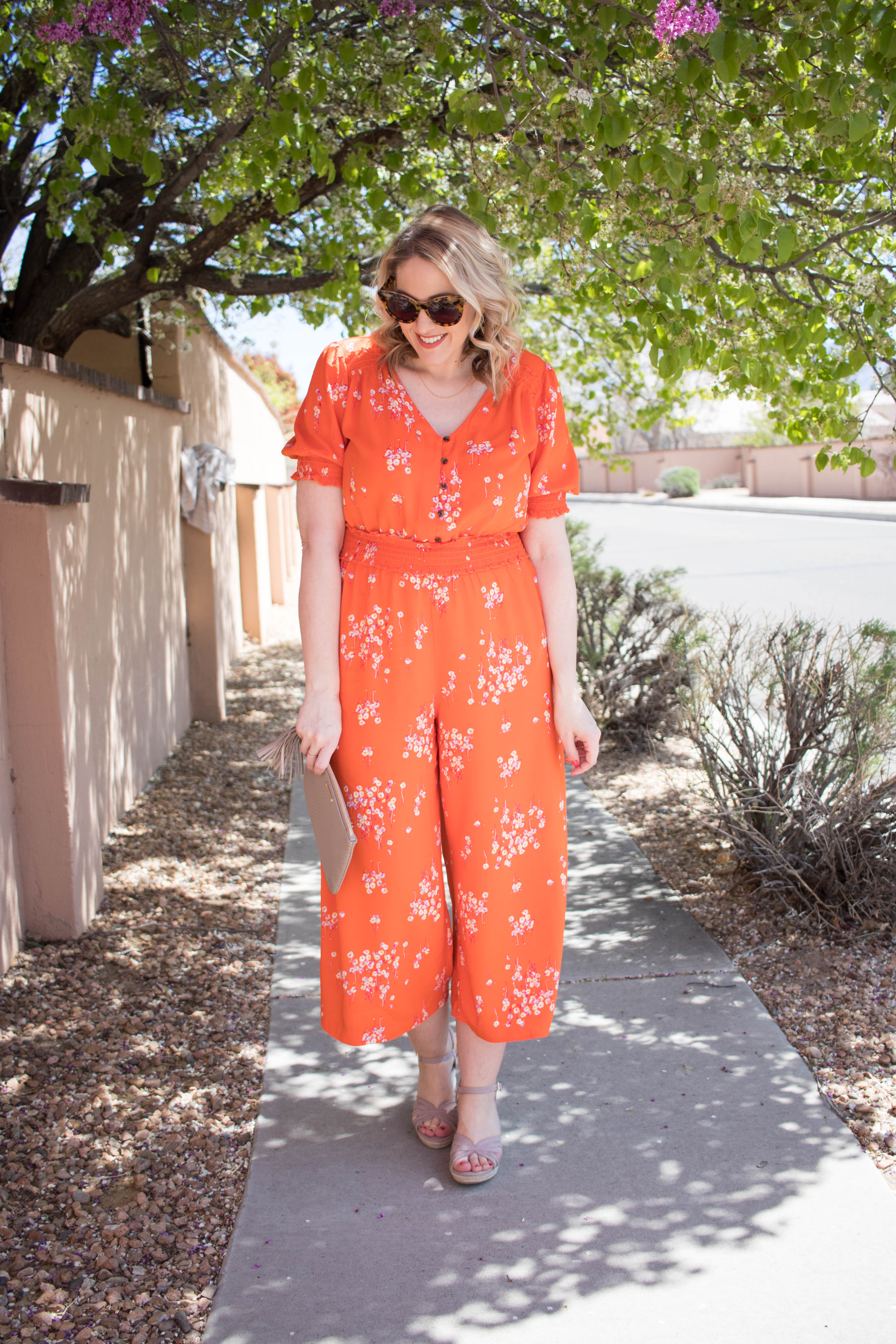 Orange store floral jumpsuit