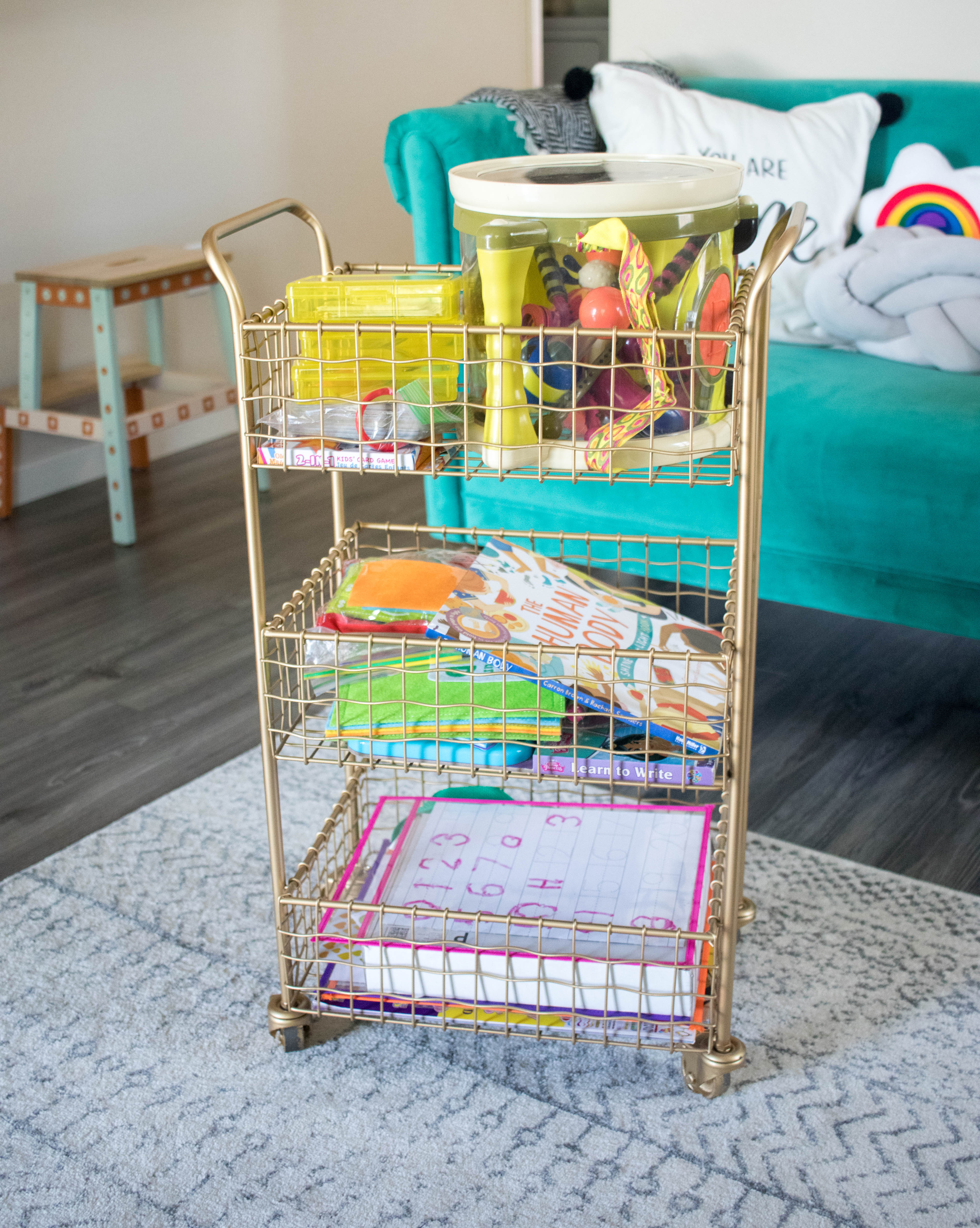 gold cart world market homeschool cart #worldmarket #homeschool #schoolsupplies